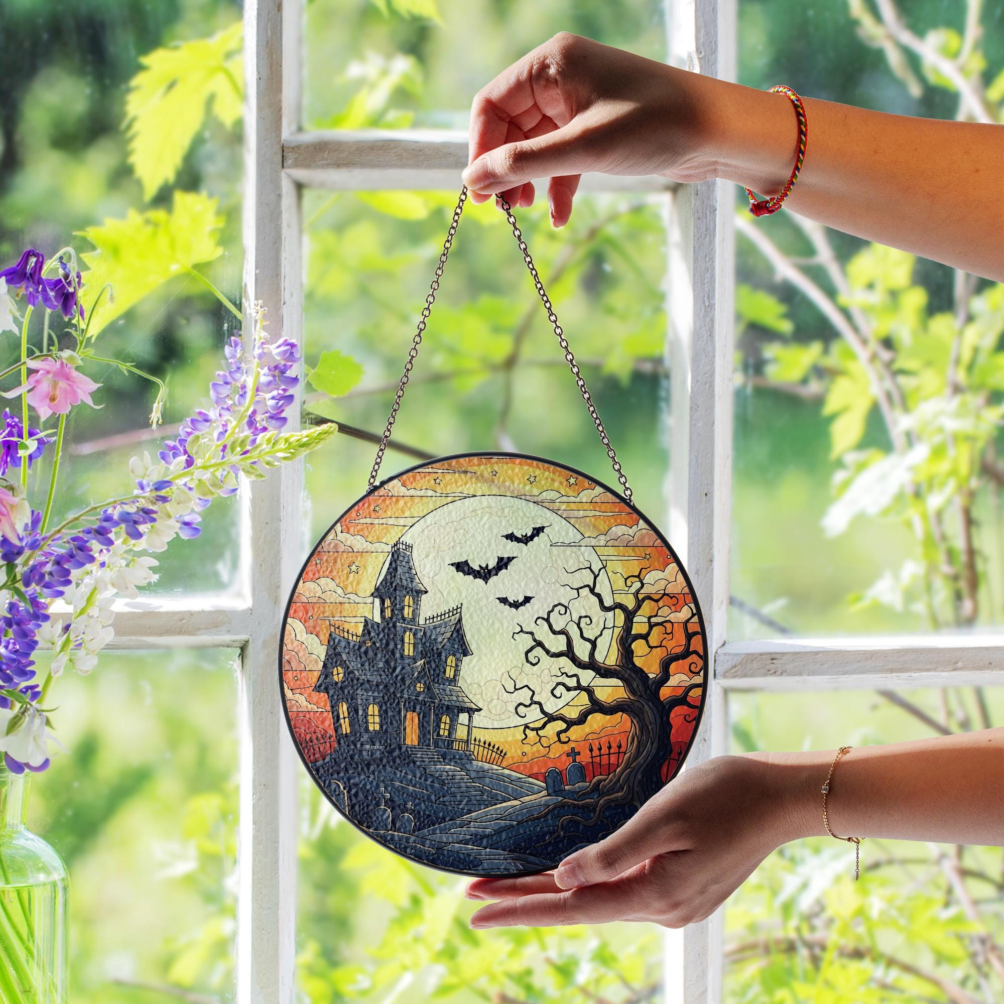 Haunted House Stained Glass Suncatcher | Halloween Spooky Tree Bat Window Panel | Gothic Fall Hanging Decor