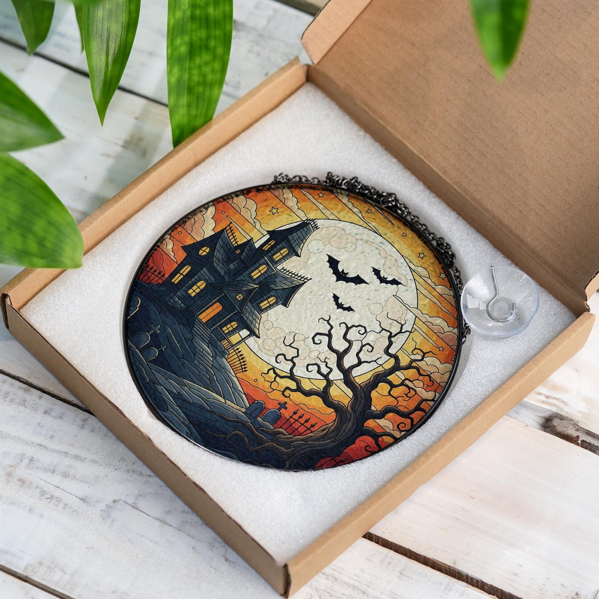 Haunted House Stained Glass Suncatcher | Halloween Spooky Tree Bat Window Panel | Gothic Fall Hanging Decor