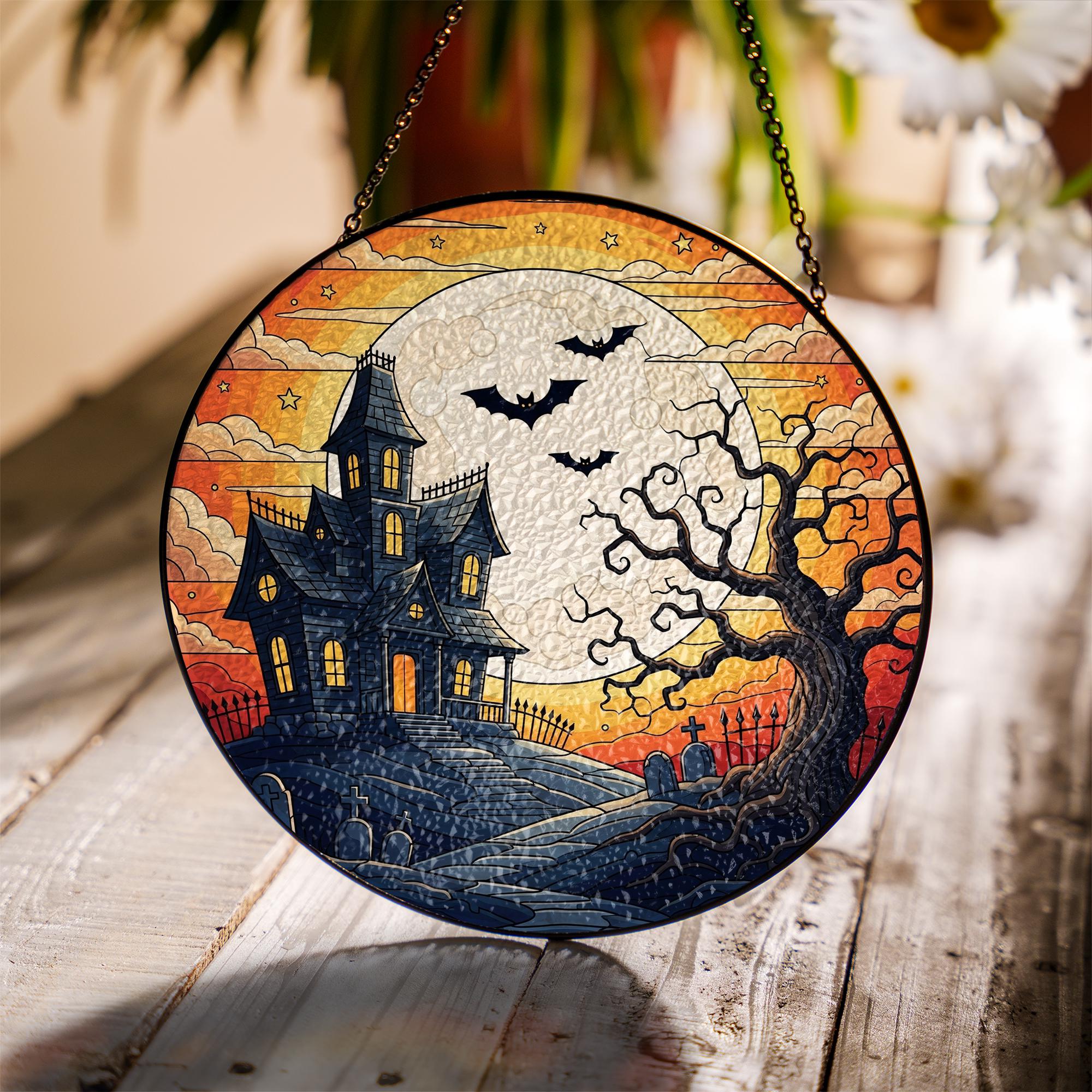 Haunted House Stained Glass Suncatcher | Halloween Spooky Tree Bat Window Panel | Gothic Fall Hanging Decor