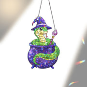 Witch Snake Cauldron Stained Glass Suncatcher | Cute Halloween Reptile Window Hanging | Magic Serpent Fall Decor