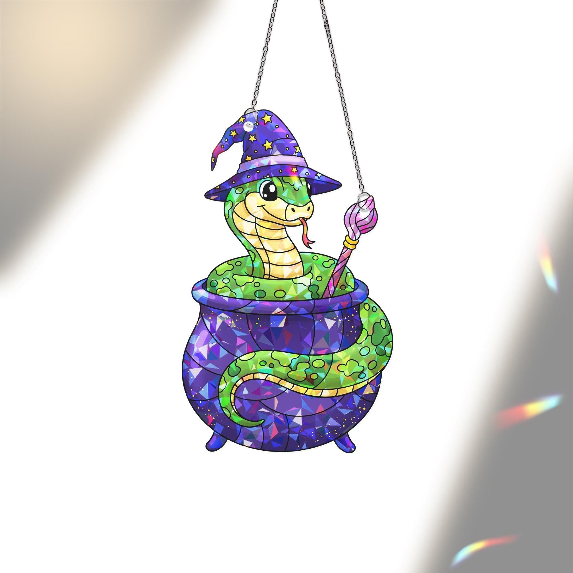 Witch Snake Cauldron Stained Glass Suncatcher | Cute Halloween Reptile Window Hanging | Magic Serpent Fall Decor