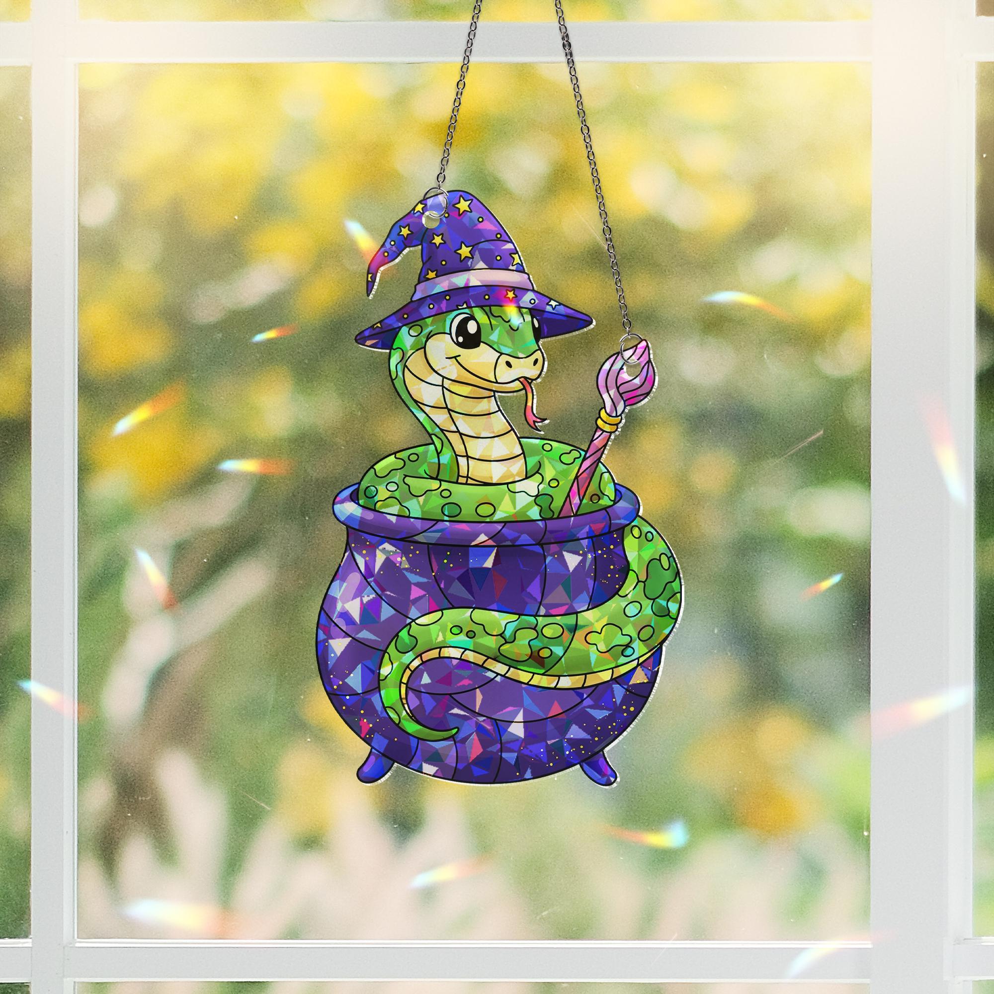 Witch Snake Cauldron Stained Glass Suncatcher | Cute Halloween Reptile Window Hanging | Magic Serpent Fall Decor