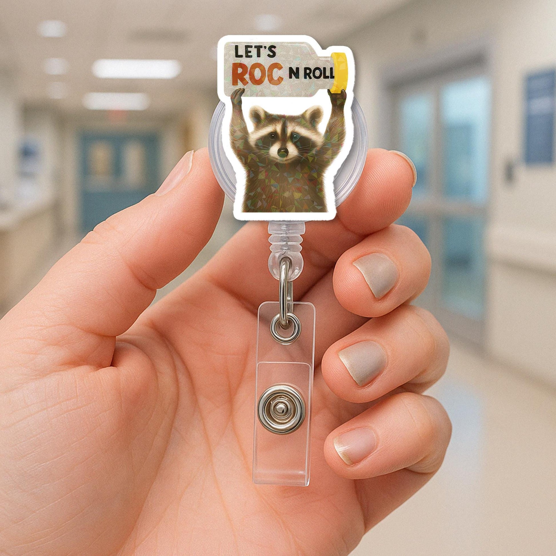 ROC n roll Nurse Badge Reel – Funny Raccoon id Holder for rn, CRNA, ICU Staff, Cute Medical Badge Clip Gift for Healthcare Workers
