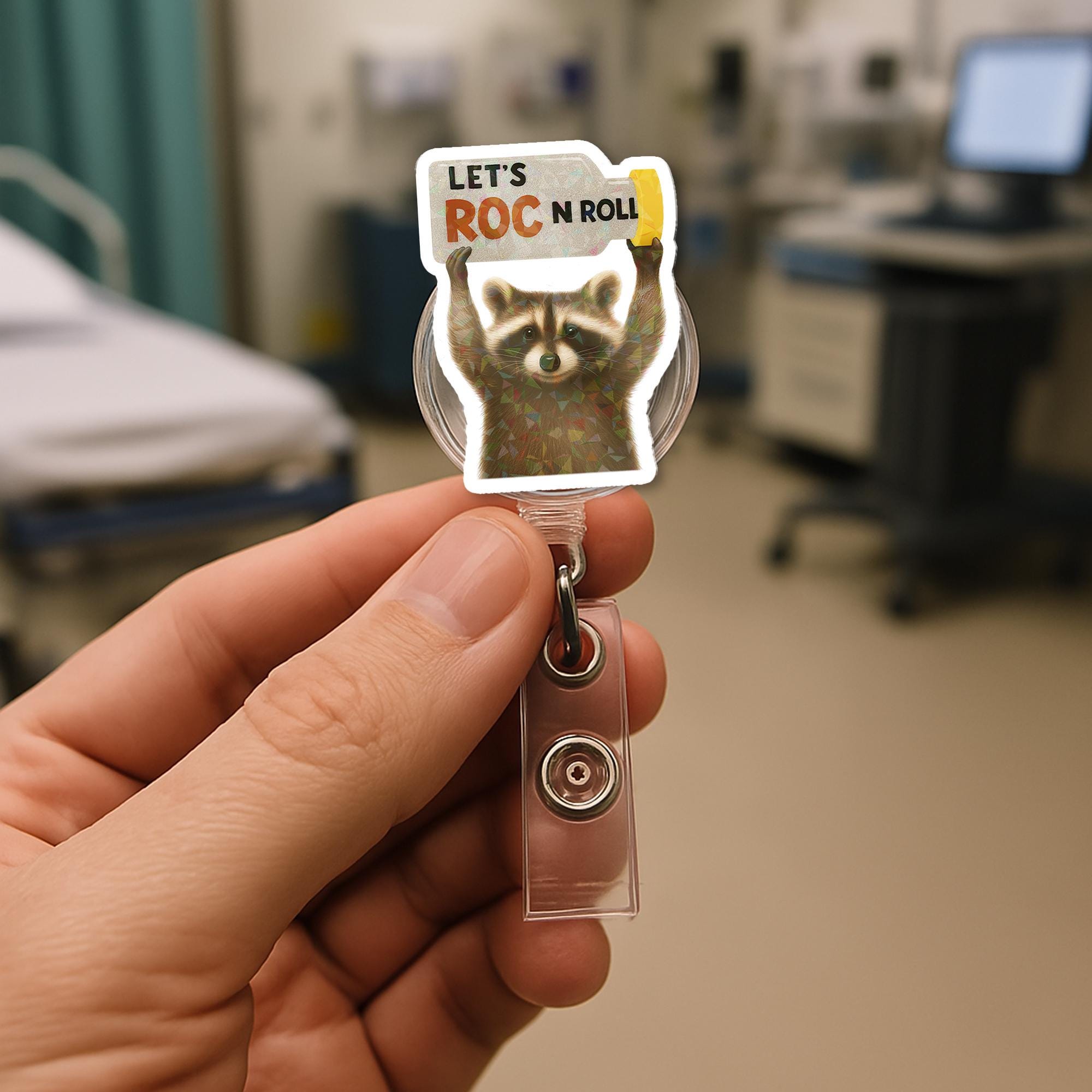 ROC n roll Nurse Badge Reel – Funny Raccoon id Holder for rn, CRNA, ICU Staff, Cute Medical Badge Clip Gift for Healthcare Workers