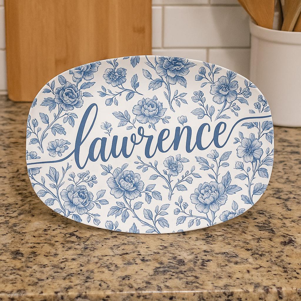 Custom Toile de Jouy Name Platter | Personalized Blue Floral Plate | Wedding Gift | Housewarming Present | Elegant Kitchen DECOR only