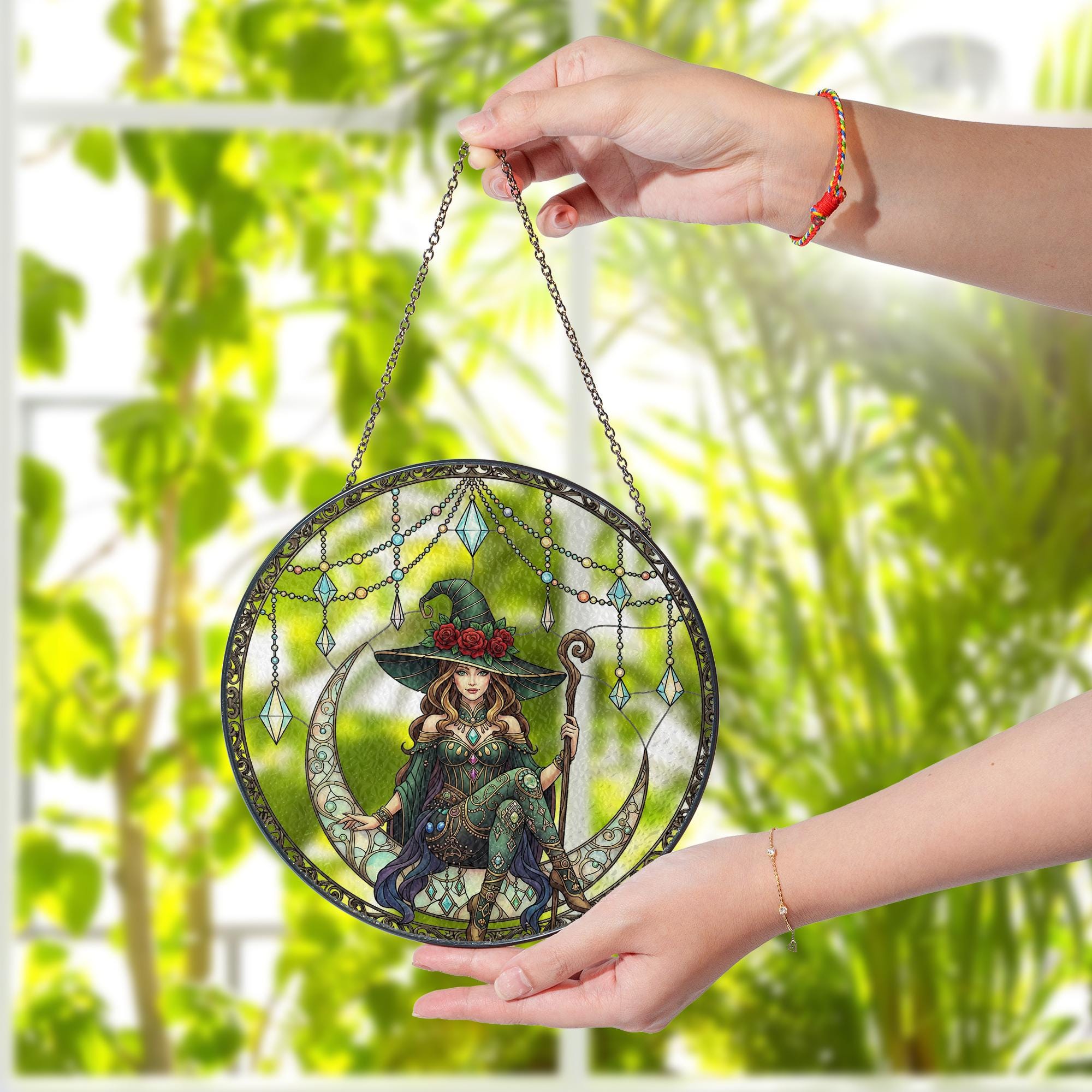 Witch Suncatcher Glass Art – Green Witch Decor for Windows – Housewarming or Halloween Gift – Whimsical Fantasy Window Charm
