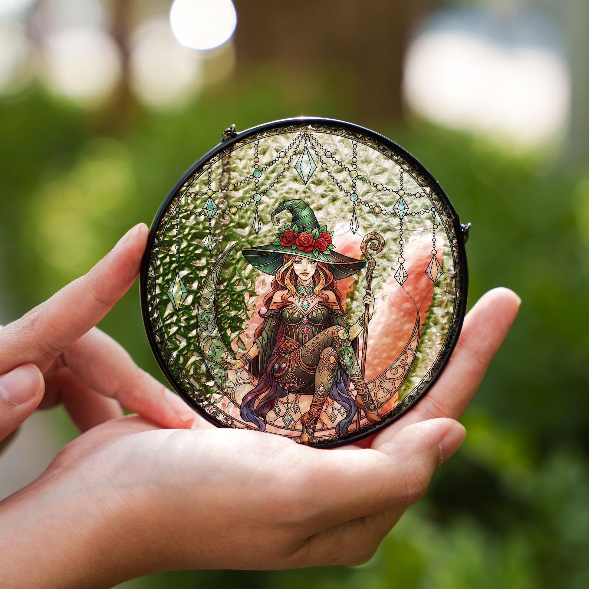 Witch Suncatcher Glass Art – Green Witch Decor for Windows – Housewarming or Halloween Gift – Whimsical Fantasy Window Charm