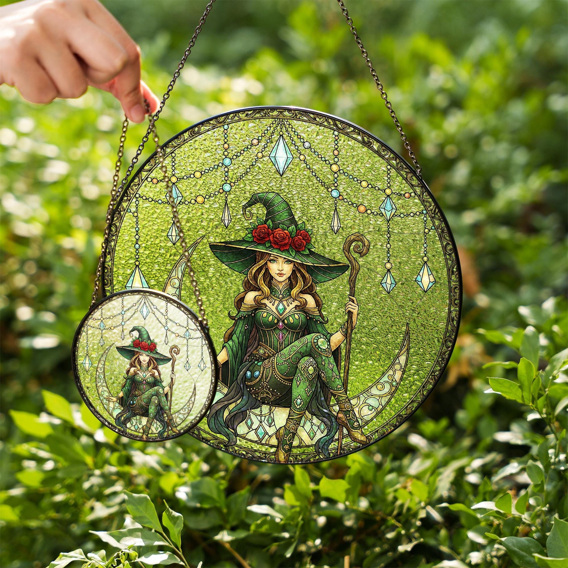 Witch Suncatcher Glass Art – Green Witch Decor for Windows – Housewarming or Halloween Gift – Whimsical Fantasy Window Charm