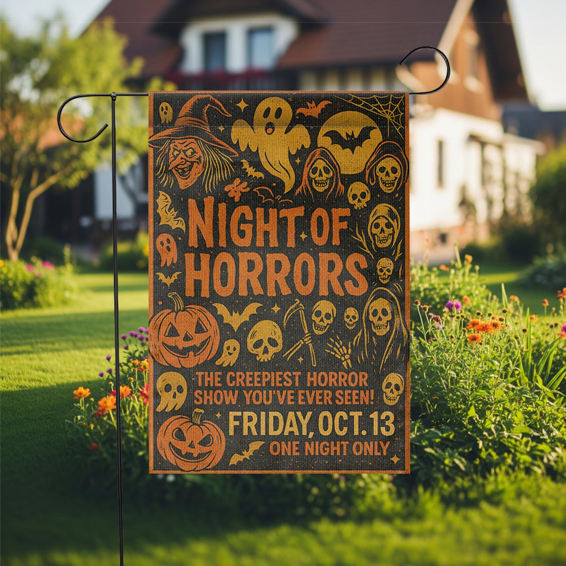 Halloween Garden Flag – Night of Horrors Sign for Yard or Lawn – Creepy Outdoor Decoration – Spooky Friday the 13th Decor