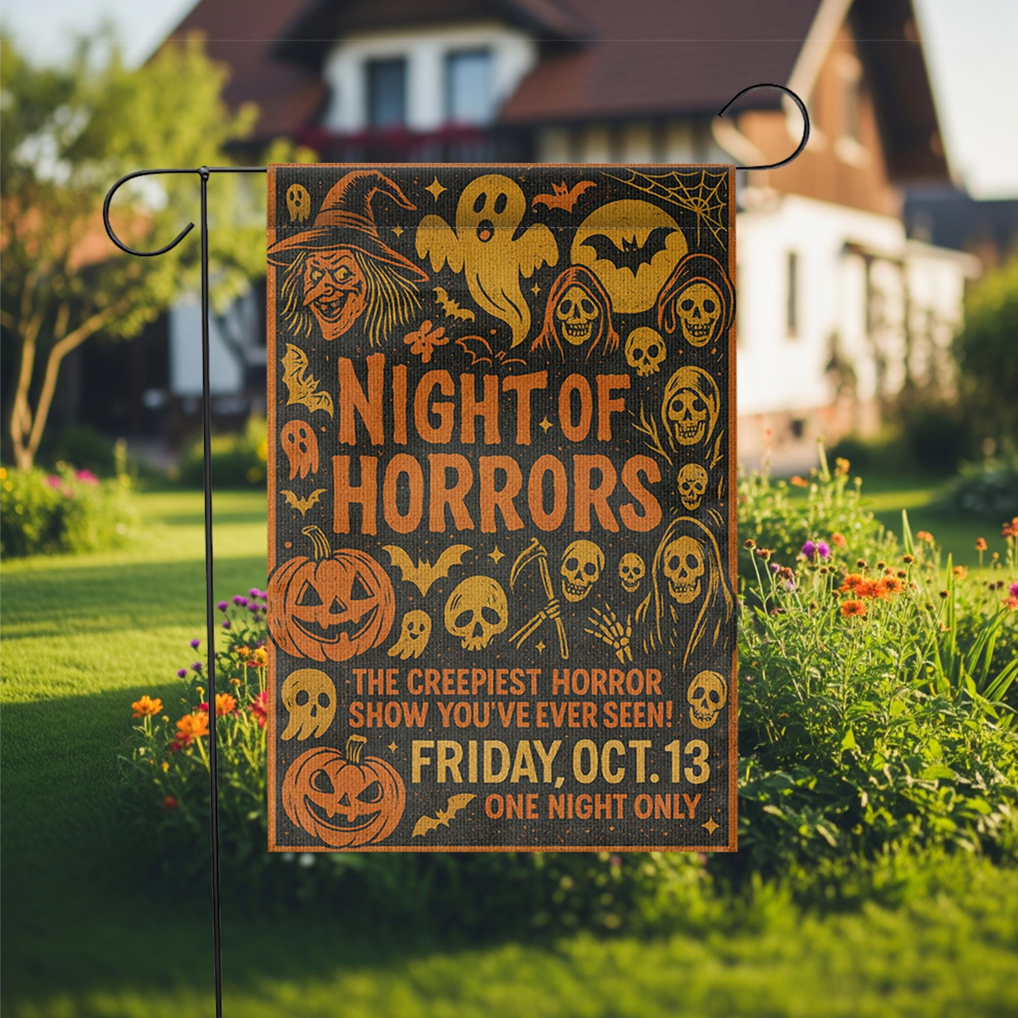 Halloween Garden Flag – Night of Horrors Sign for Yard or Lawn – Creepy Outdoor Decoration – Spooky Friday the 13th Decor