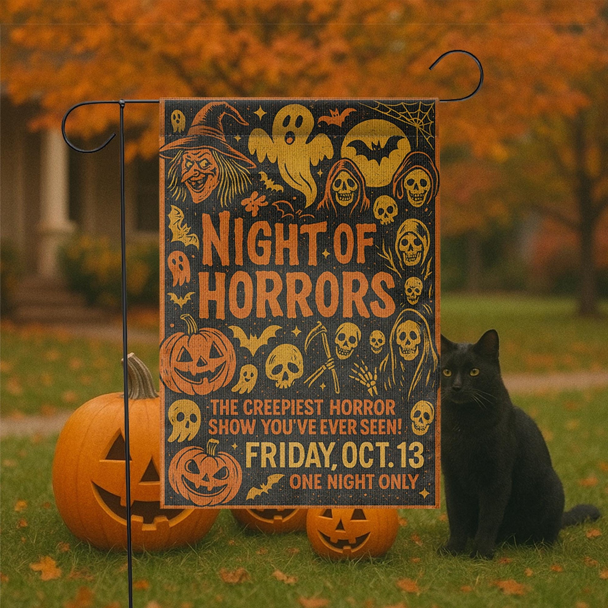 Halloween Garden Flag – Night of Horrors Sign for Yard or Lawn – Creepy Outdoor Decoration – Spooky Friday the 13th Decor