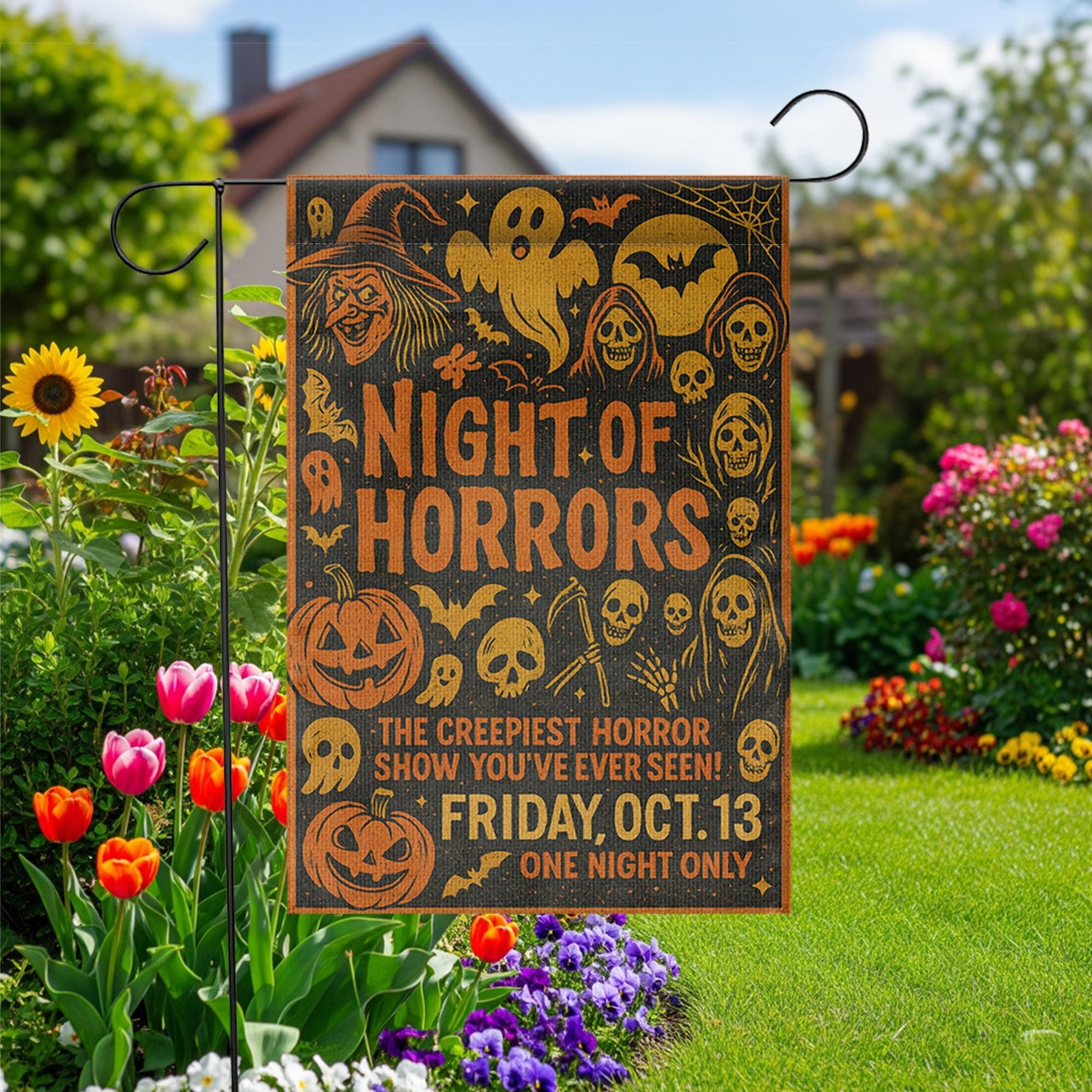 Halloween Garden Flag – Night of Horrors Sign for Yard or Lawn – Creepy Outdoor Decoration – Spooky Friday the 13th Decor