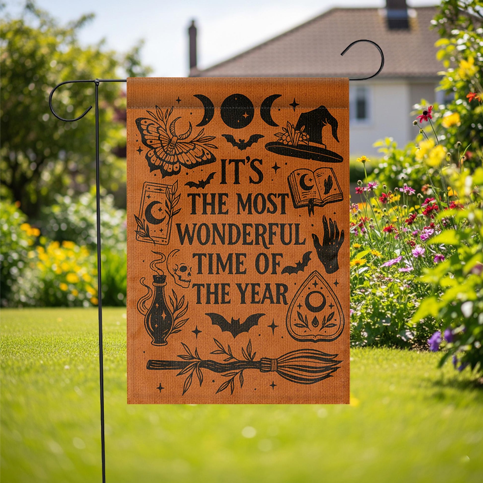 Witchy Halloween Garden Flag – “Most Wonderful Time” Outdoor Decor – Spooky Season Yard decor – Vintage Witch Porch Sign