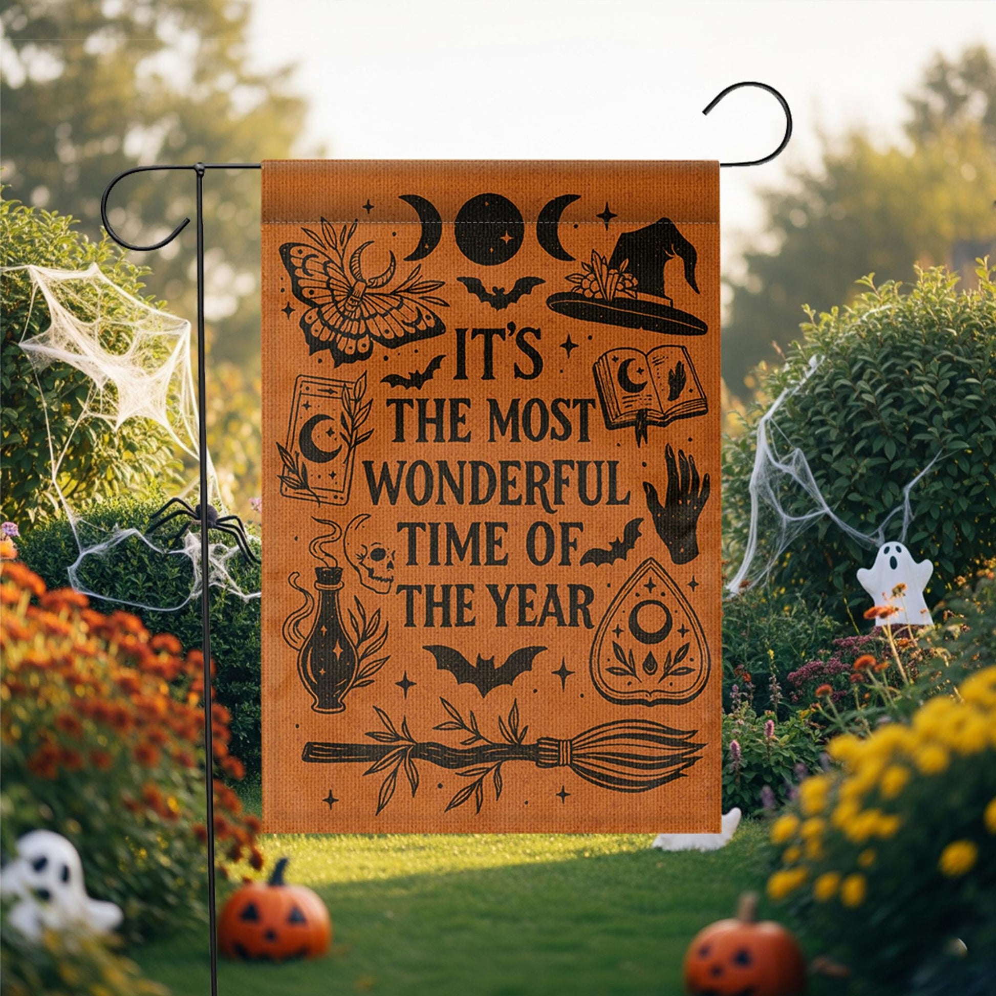 Witchy Halloween Garden Flag – “Most Wonderful Time” Outdoor Decor – Spooky Season Yard decor – Vintage Witch Porch Sign