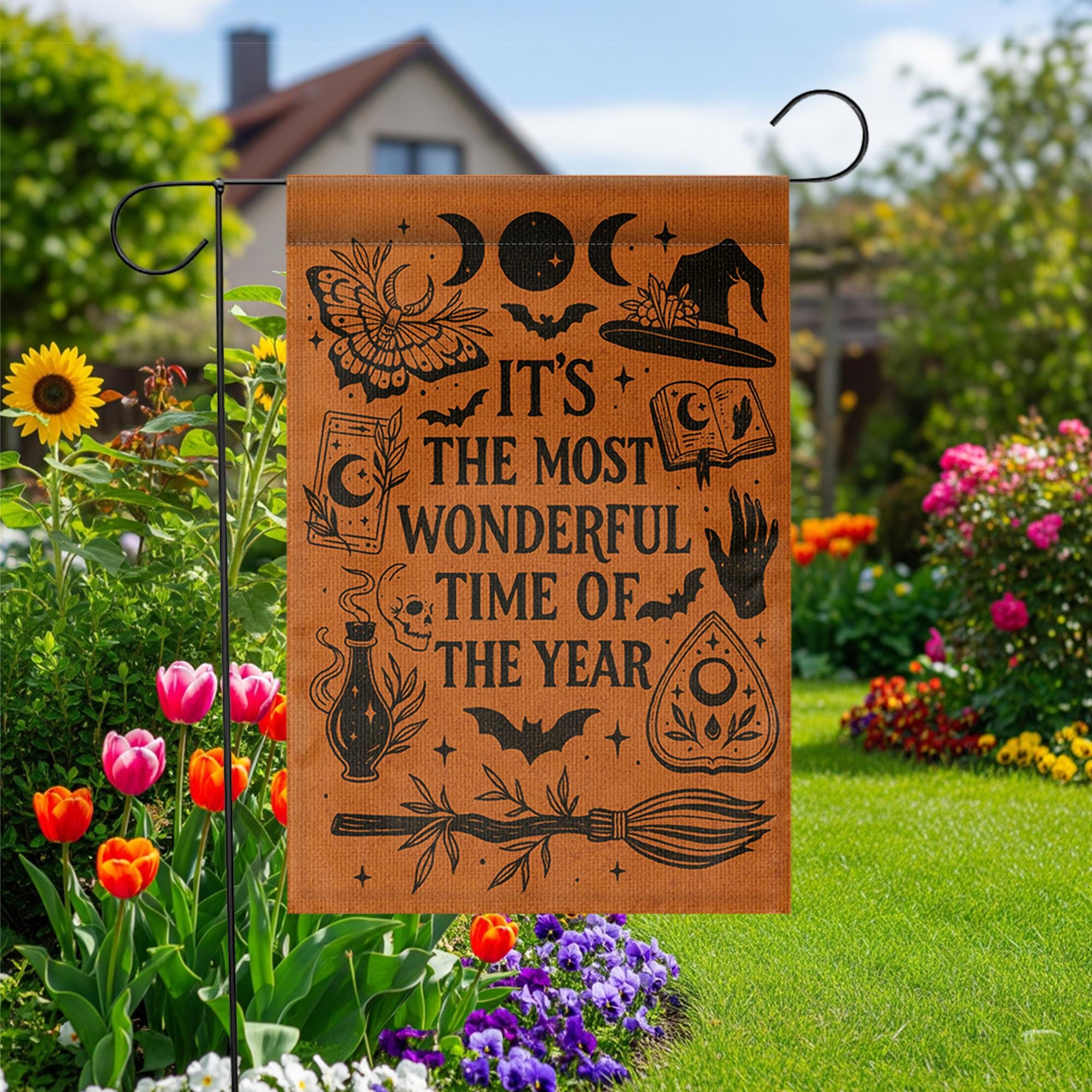 Witchy Halloween Garden Flag – “Most Wonderful Time” Outdoor Decor – Spooky Season Yard decor – Vintage Witch Porch Sign