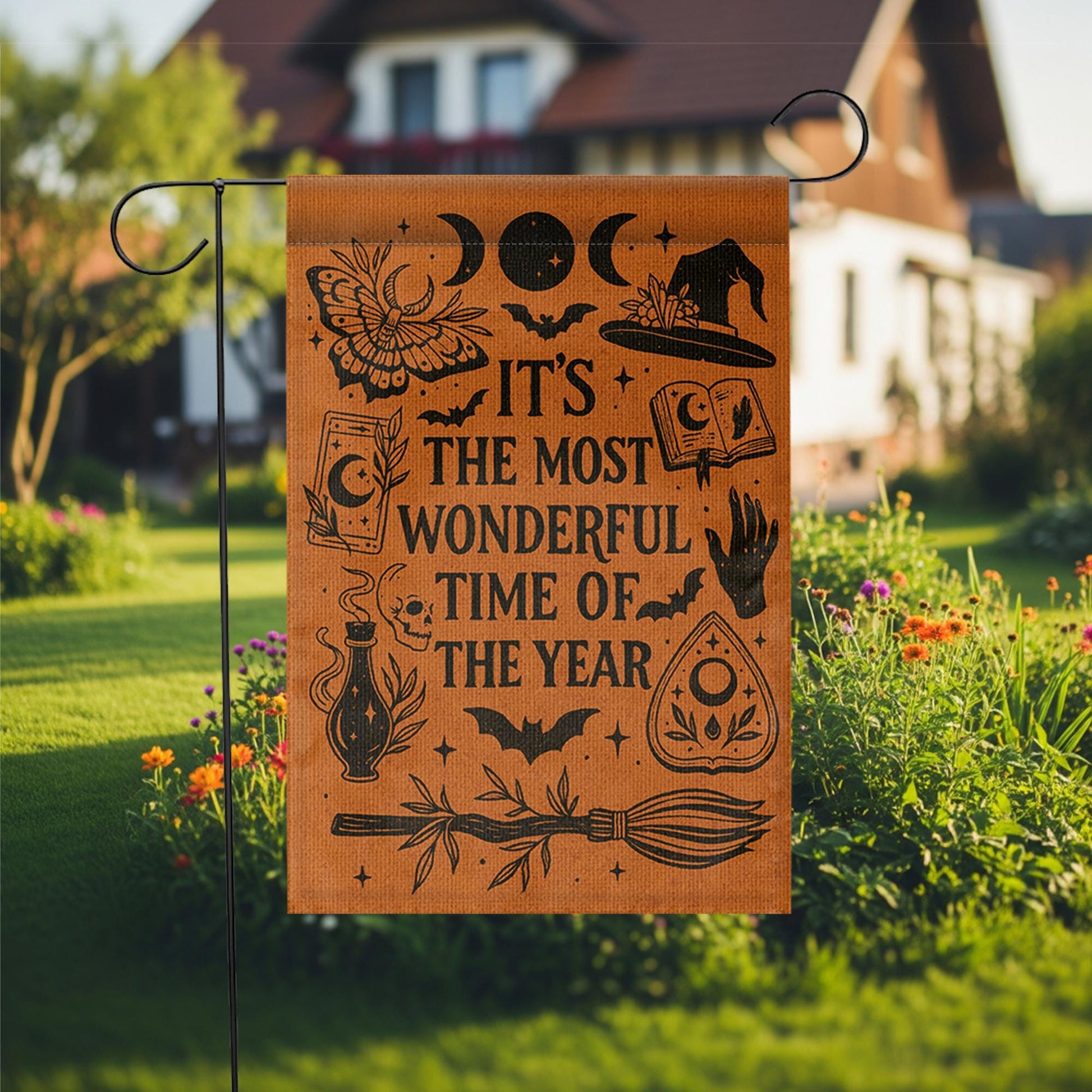 Witchy Halloween Garden Flag – “Most Wonderful Time” Outdoor Decor – Spooky Season Yard decor – Vintage Witch Porch Sign
