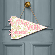 Custom Coquette Teacher Wooden Door Sign – Pink Floral Classroom Pennant custom Grade – Personalized Back to School Decor for Teachers