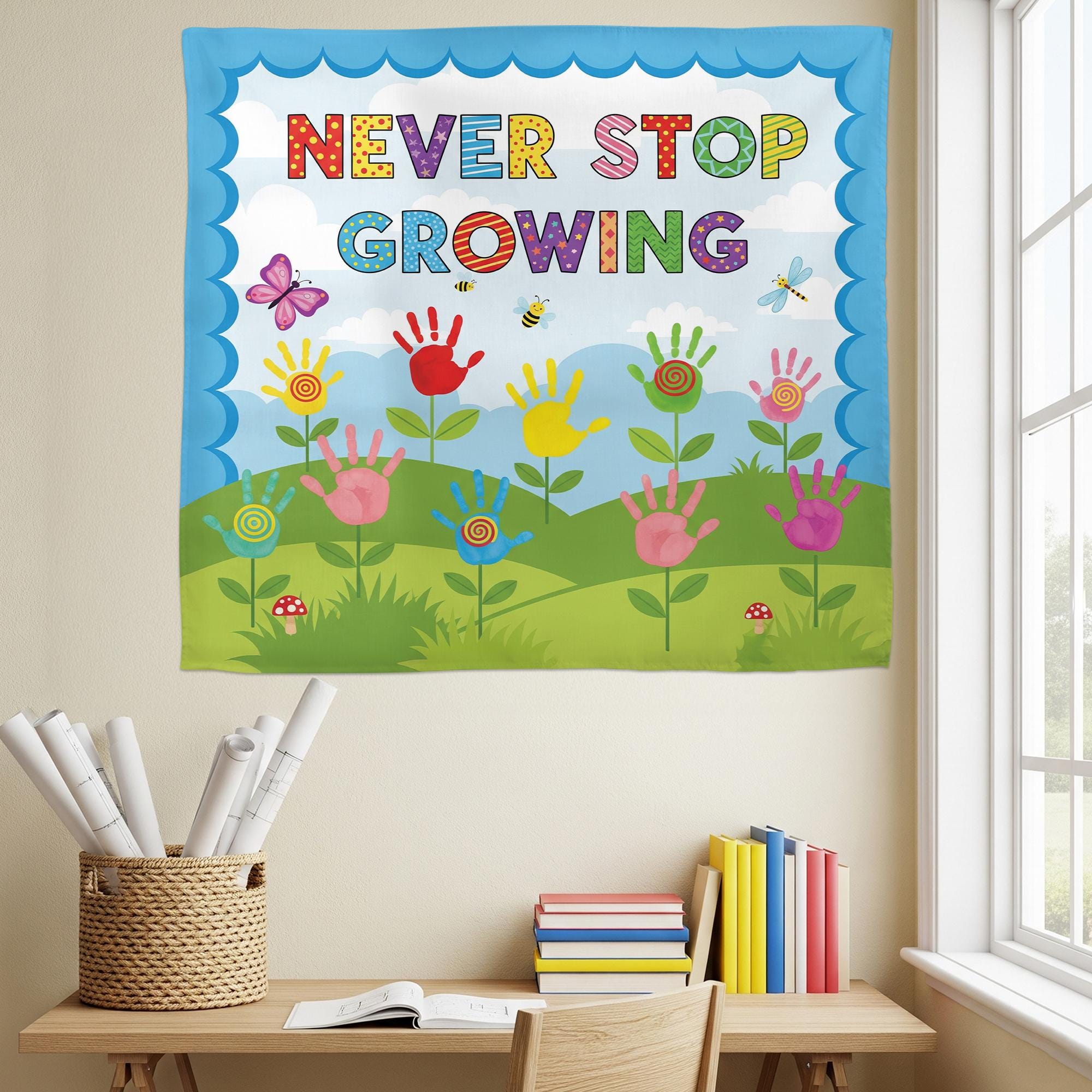 Never Stop Growing Classroom Tapestry - Handprint Flower Wall Art, Inspirational Teacher Decor for Preschool & Elementary Classroom, School