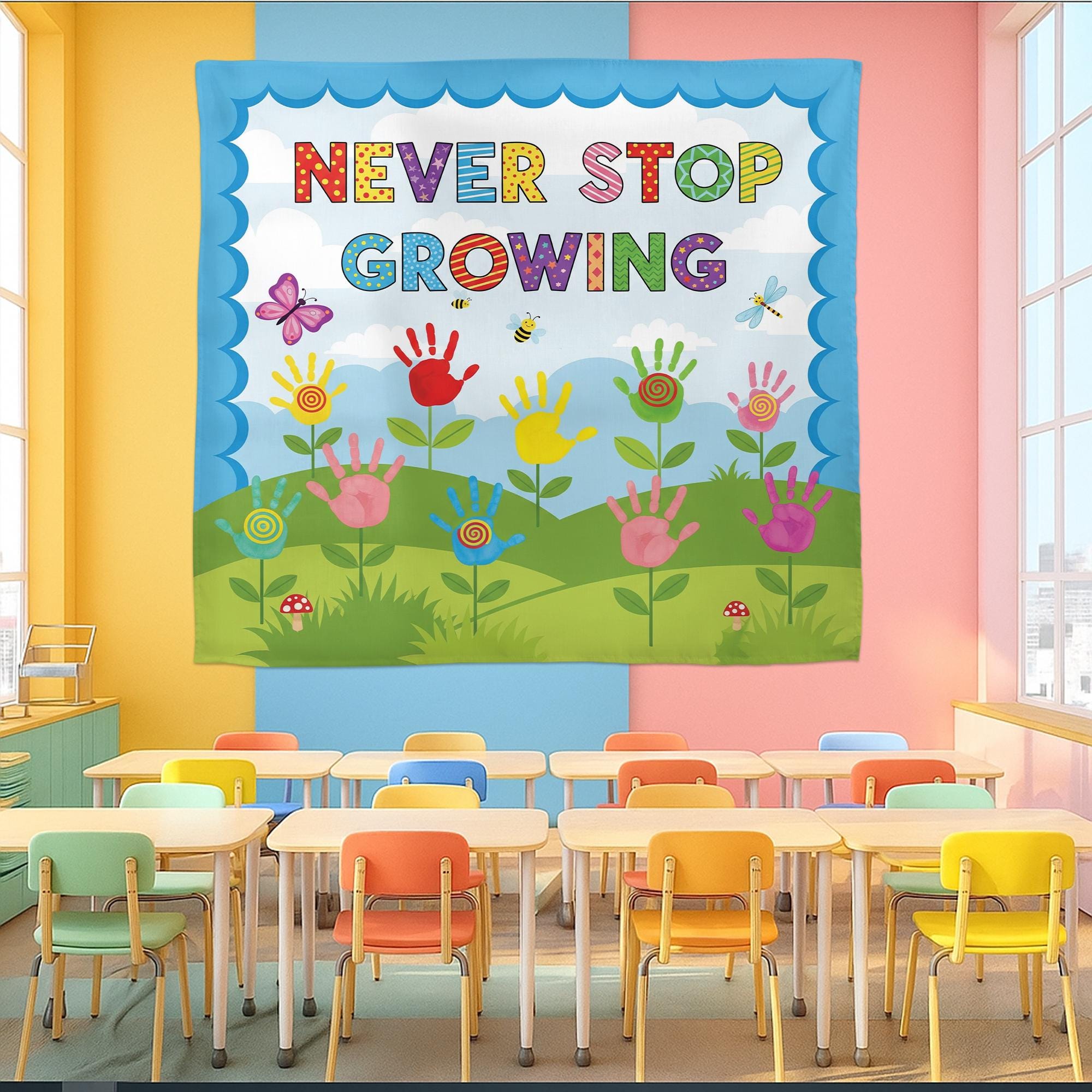 Never Stop Growing Classroom Tapestry - Handprint Flower Wall Art, Inspirational Teacher Decor for Preschool & Elementary Classroom, School