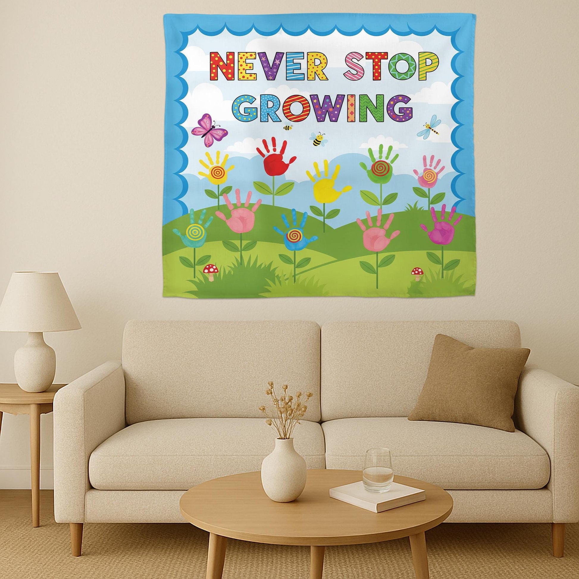 Never Stop Growing Classroom Tapestry - Handprint Flower Wall Art, Inspirational Teacher Decor for Preschool & Elementary Classroom, School