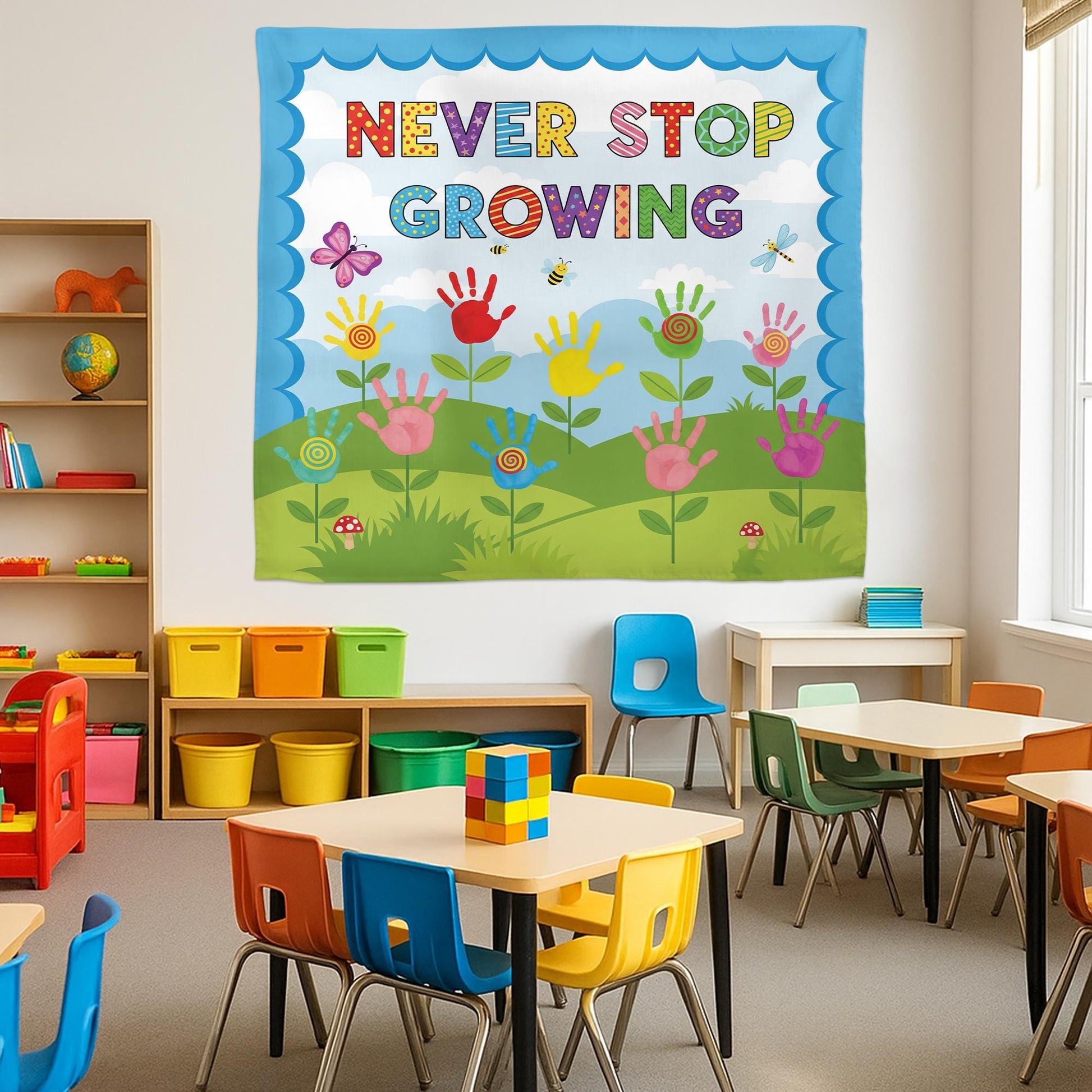 Never Stop Growing Classroom Tapestry - Handprint Flower Wall Art, Inspirational Teacher Decor for Preschool & Elementary Classroom, School