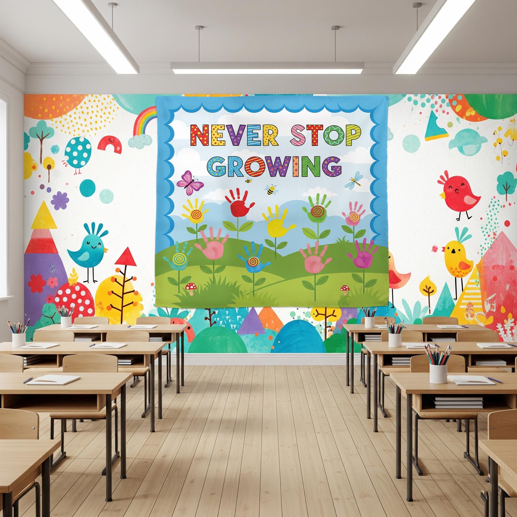 Never Stop Growing Classroom Tapestry - Handprint Flower Wall Art, Inspirational Teacher Decor for Preschool & Elementary Classroom, School