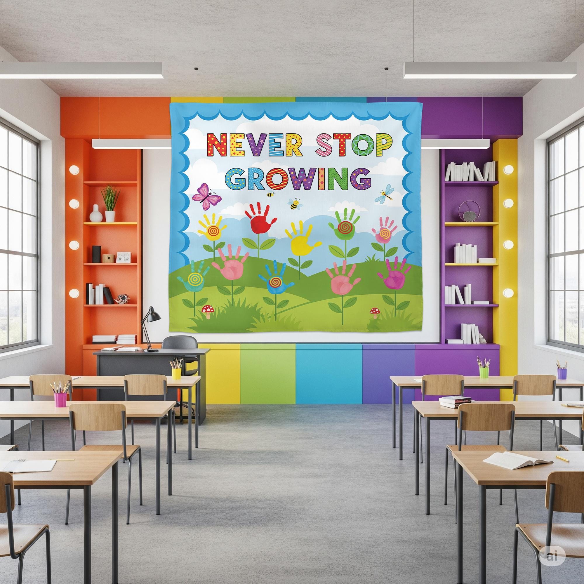 Never Stop Growing Classroom Tapestry - Handprint Flower Wall Art, Inspirational Teacher Decor for Preschool & Elementary Classroom, School