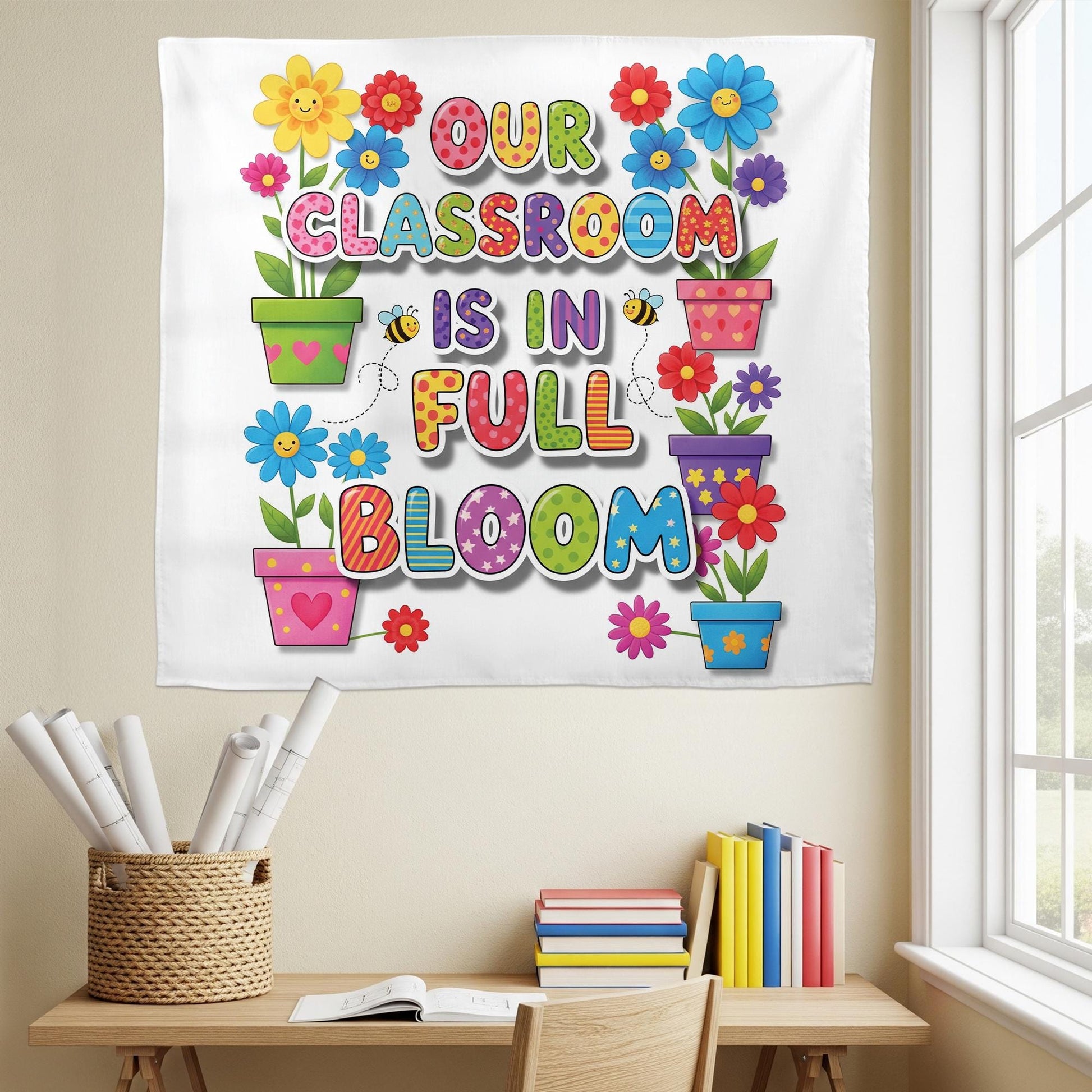 Our Classroom Is in Full Bloom Tapestry - Colorful Flower Wall Art for Teachers, Back To School Classroom Decor for Preschool & Elementary
