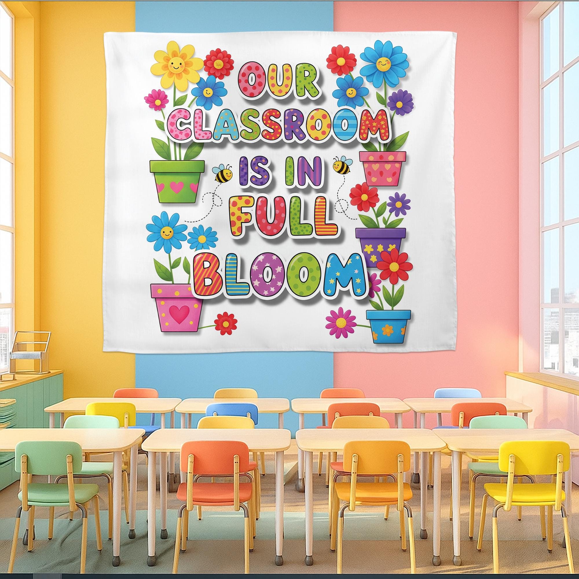 Our Classroom Is in Full Bloom Tapestry - Colorful Flower Wall Art for Teachers, Back To School Classroom Decor for Preschool & Elementary