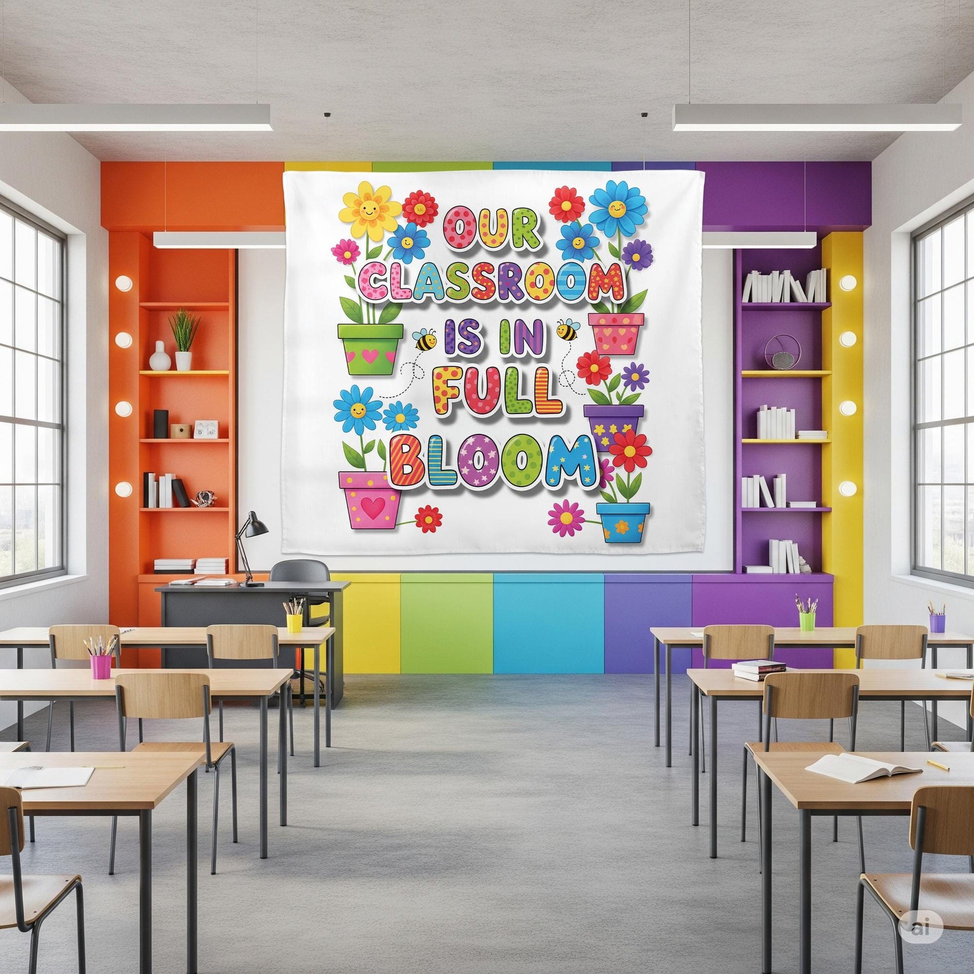 Our Classroom Is in Full Bloom Tapestry - Colorful Flower Wall Art for Teachers, Back To School Classroom Decor for Preschool & Elementary