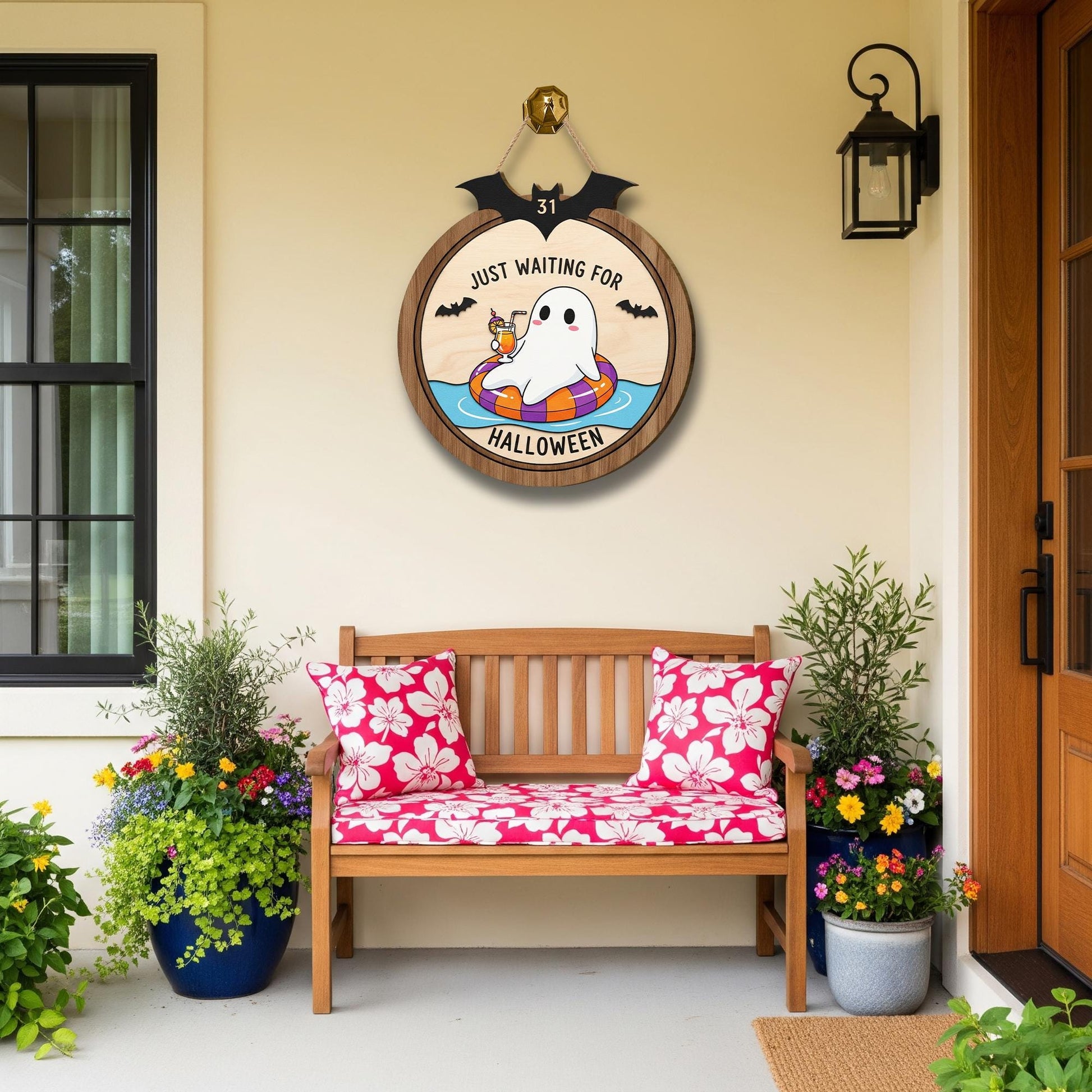 Funny Ghost Wooden Door Sign – Just Waiting for Halloween Summer Sign, Spooky Season Porch Decor, Cute Halloween Ghost Wall Hanging