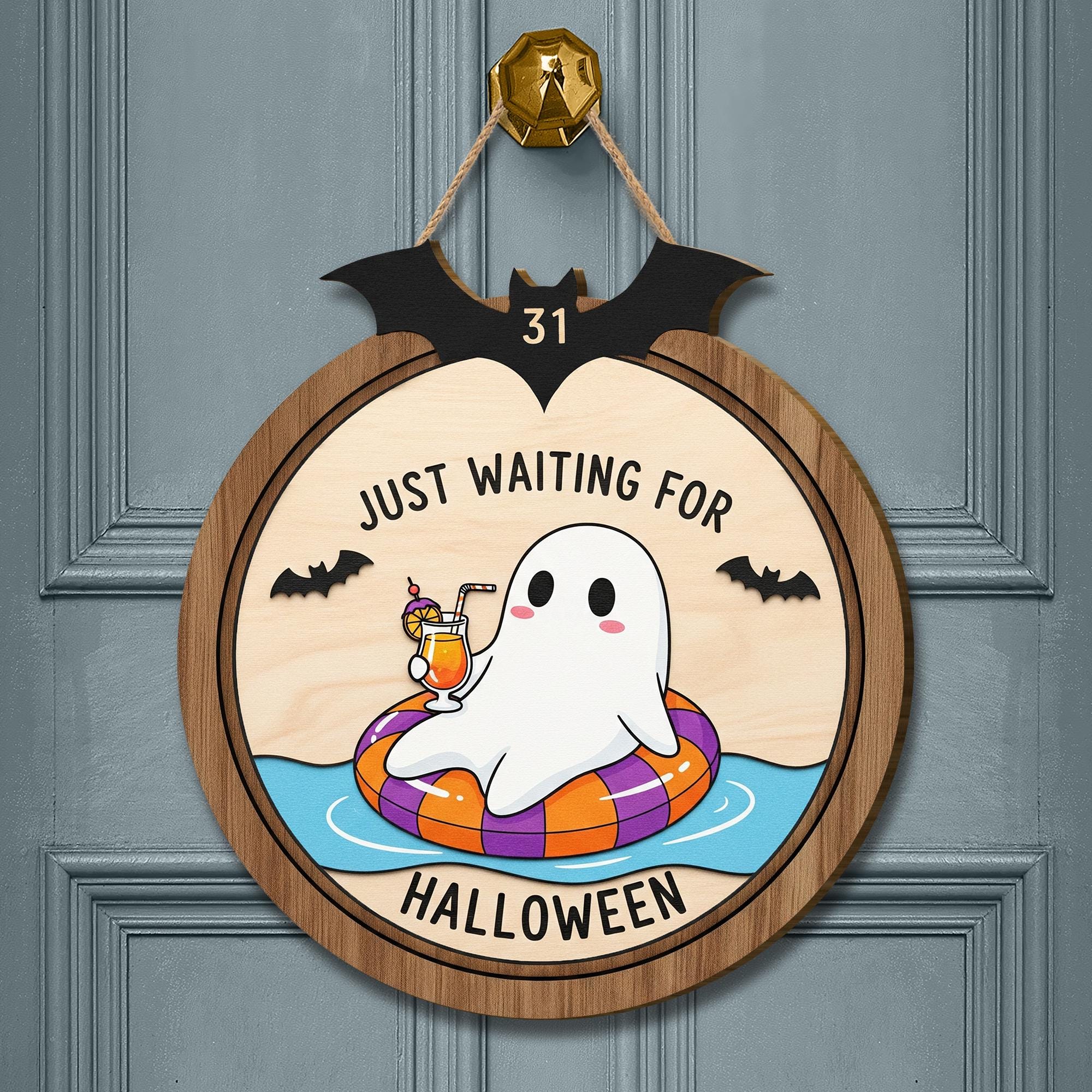 Funny Ghost Wooden Door Sign – Just Waiting for Halloween Summer Sign, Spooky Season Porch Decor, Cute Halloween Ghost Wall Hanging