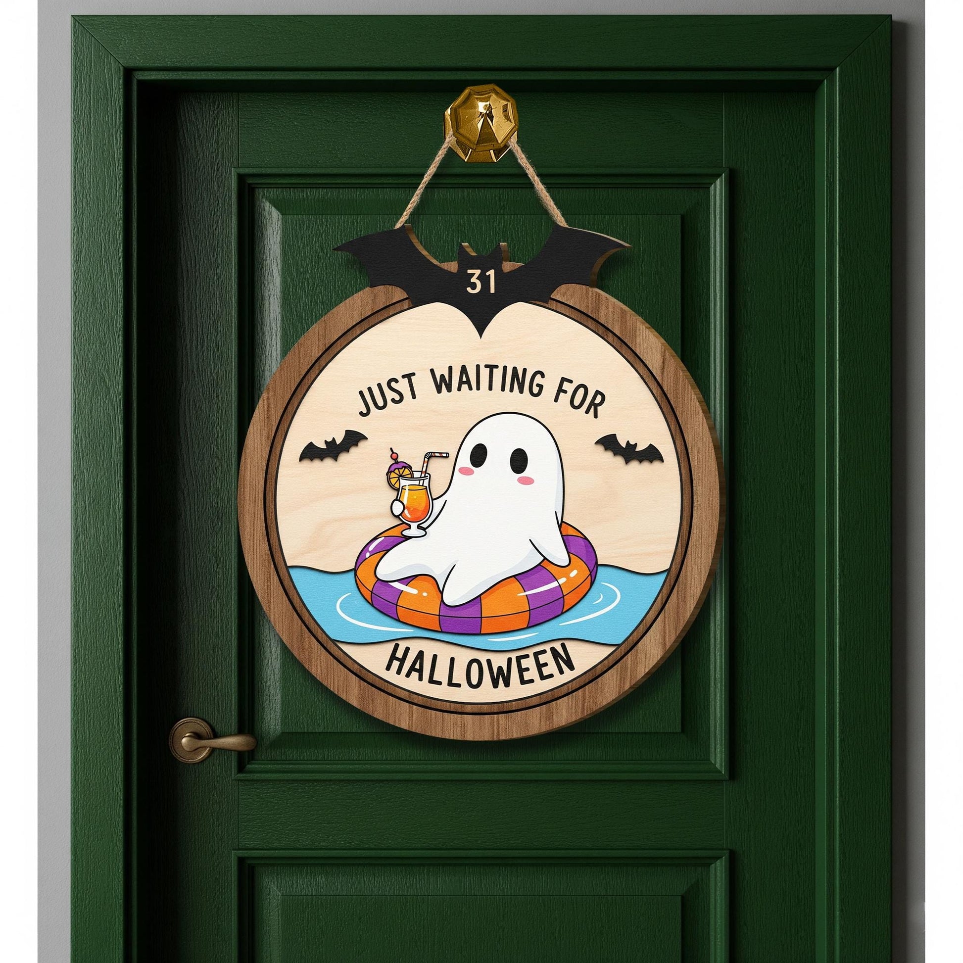 Funny Ghost Wooden Door Sign – Just Waiting for Halloween Summer Sign, Spooky Season Porch Decor, Cute Halloween Ghost Wall Hanging