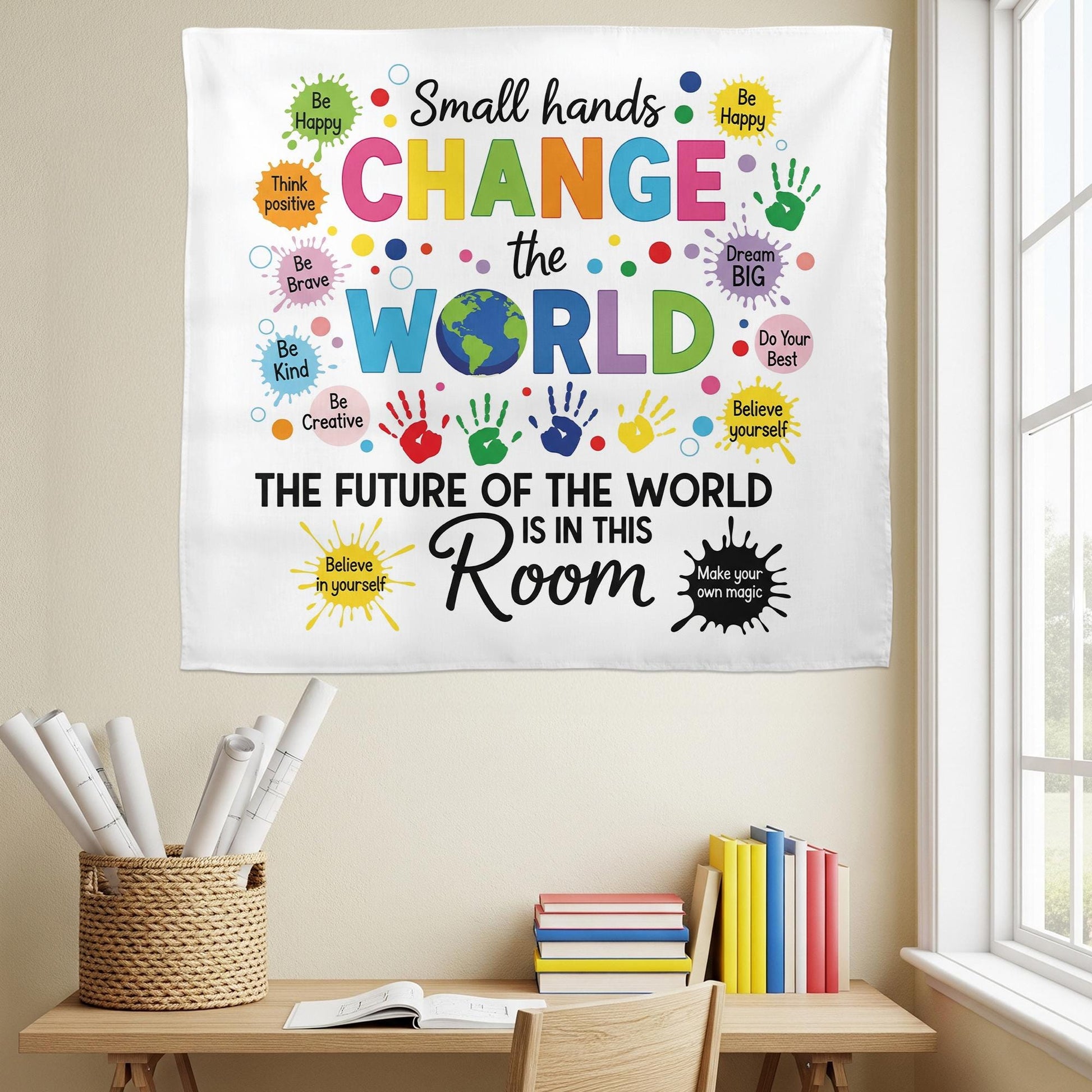 Small Hands Change the World Tapestry - Inspirational Classroom Wall Decor, Motivational Poster for Preschool & Elementary Teachers