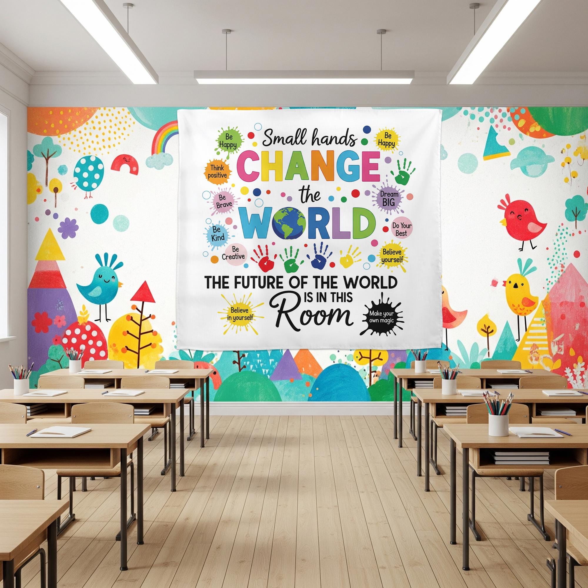 Small Hands Change the World Tapestry - Inspirational Classroom Wall Decor, Motivational Poster for Preschool & Elementary Teachers