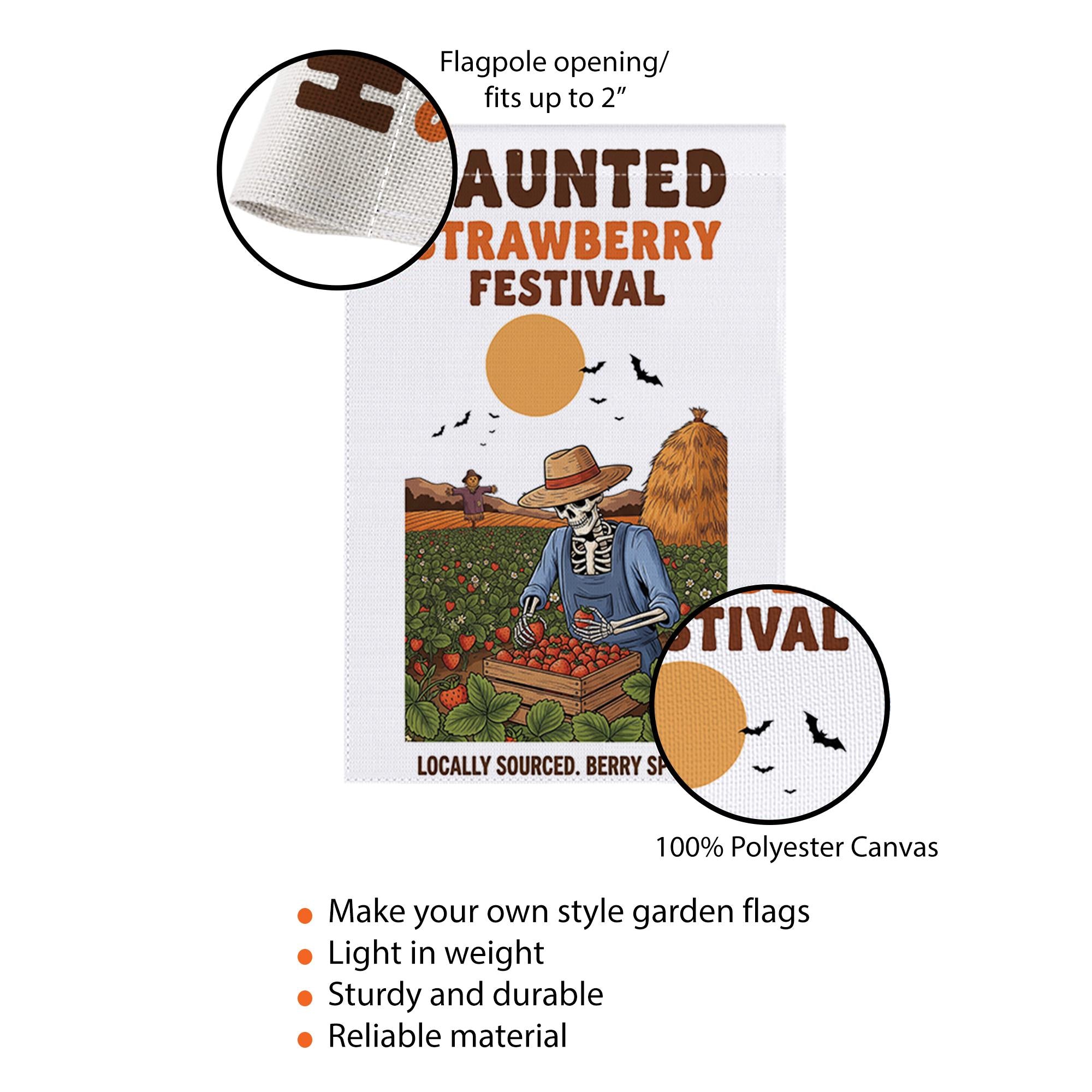 Haunted Strawberry Festival Flag – Funny Skeleton Garden Flag, Halloween Strawberry Patch Decor, Spooky Farm Outdoor Yard Sign