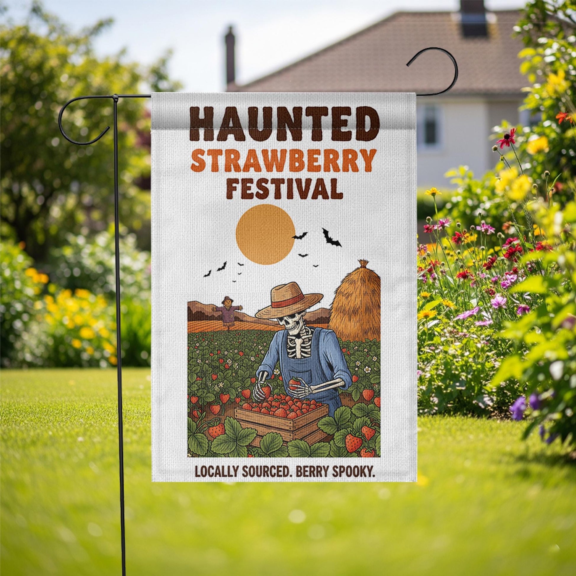Haunted Strawberry Festival Flag – Funny Skeleton Garden Flag, Halloween Strawberry Patch Decor, Spooky Farm Outdoor Yard Sign