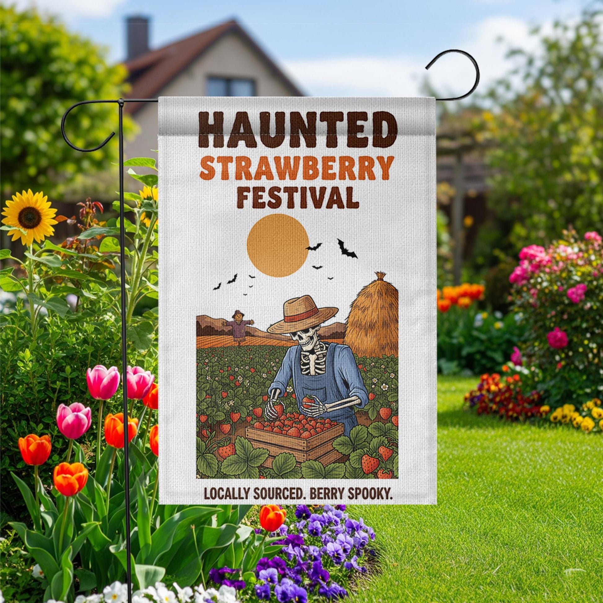 Haunted Strawberry Festival Flag – Funny Skeleton Garden Flag, Halloween Strawberry Patch Decor, Spooky Farm Outdoor Yard Sign