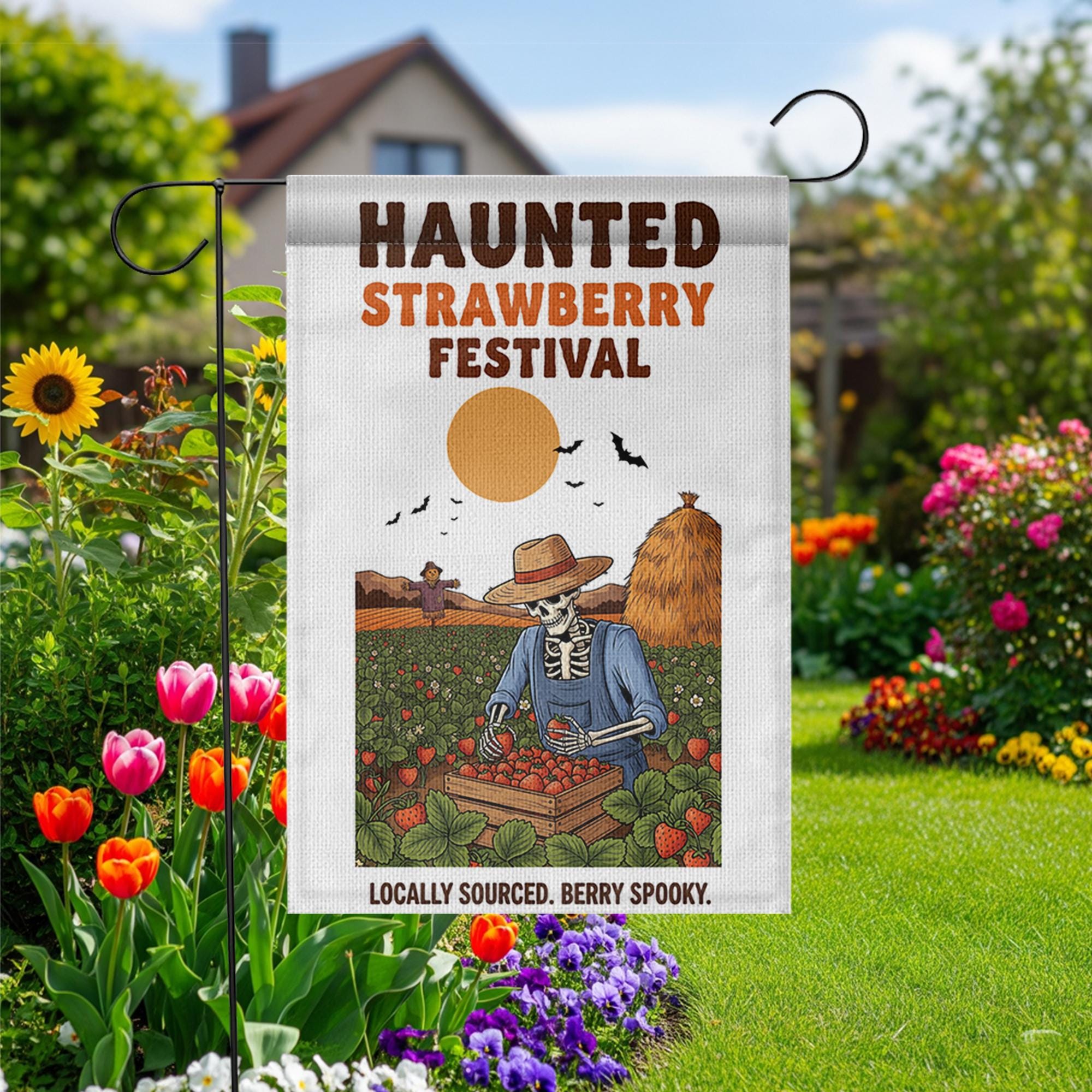 Haunted Strawberry Festival Flag – Funny Skeleton Garden Flag, Halloween Strawberry Patch Decor, Spooky Farm Outdoor Yard Sign