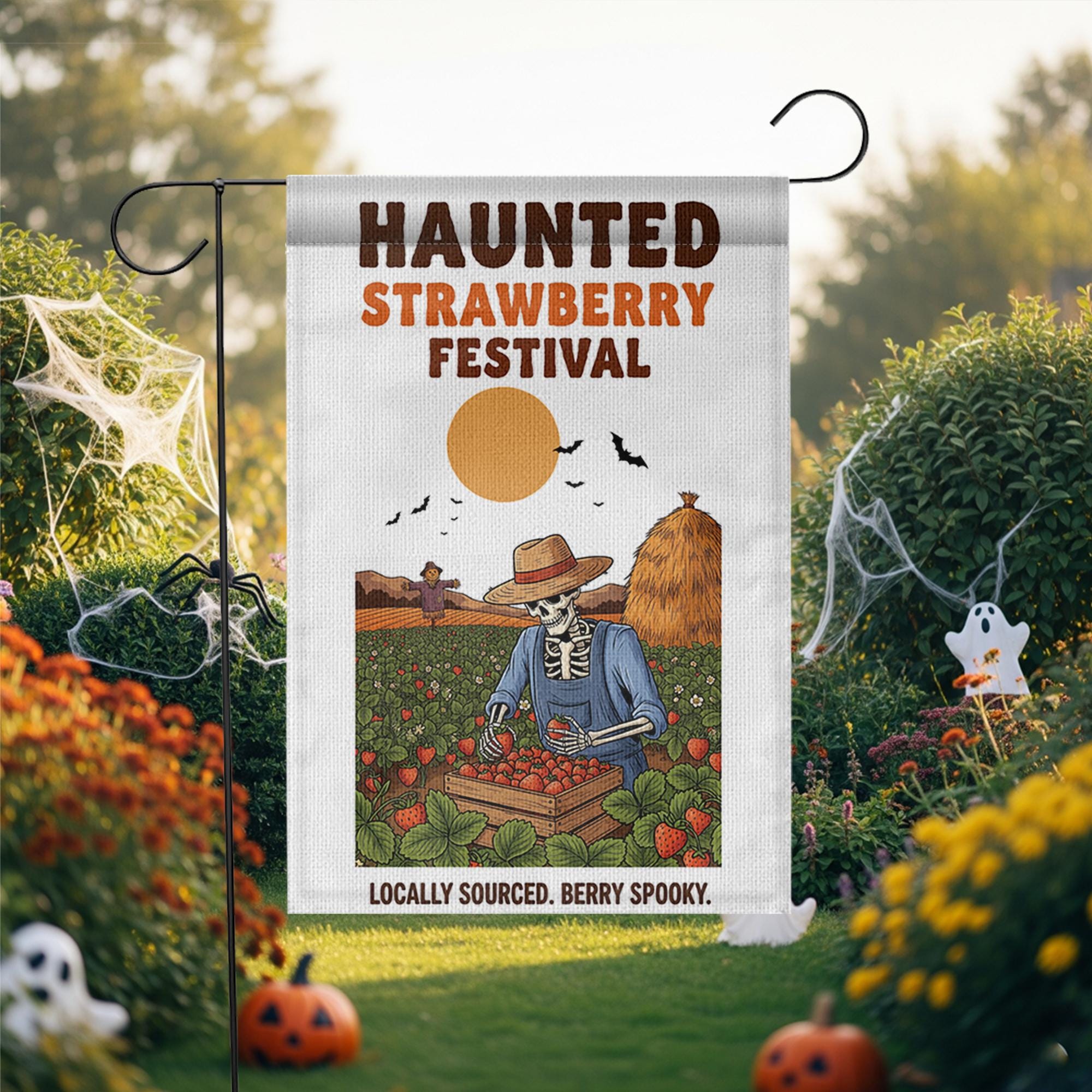Haunted Strawberry Festival Flag – Funny Skeleton Garden Flag, Halloween Strawberry Patch Decor, Spooky Farm Outdoor Yard Sign