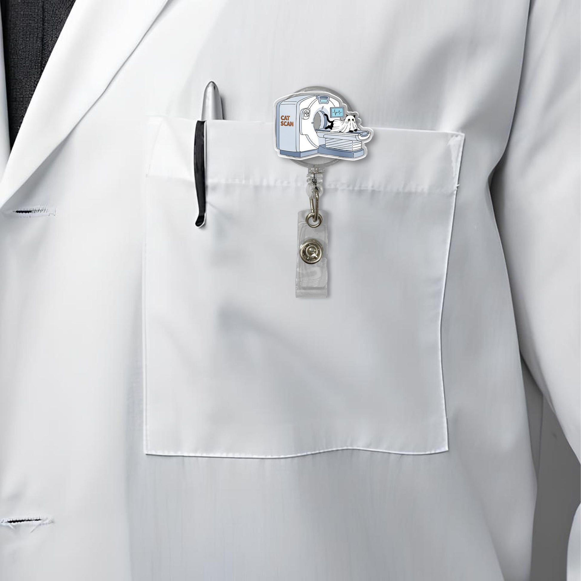Funny Ghost Cat Scan Badge Reel – Cute Halloween Medical Badge Holder, Spooky Radiology Tech Gift, Retractable ID Clip for Nurses & Techs