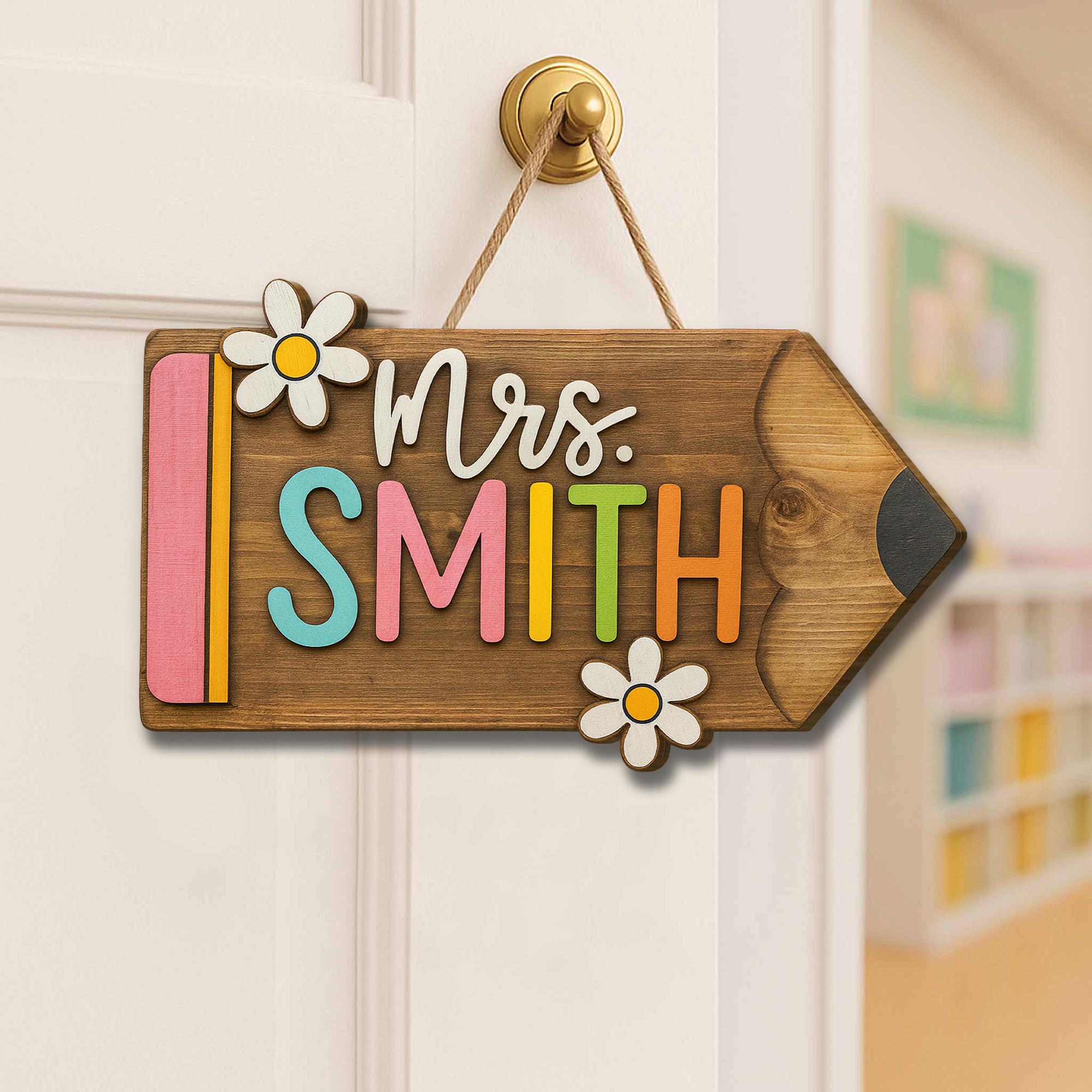 Personalized Teacher Door Sign - Wooden Pencil Name Sign with Flowers, Custom Classroom Decor for School or Office, Back To School Decor