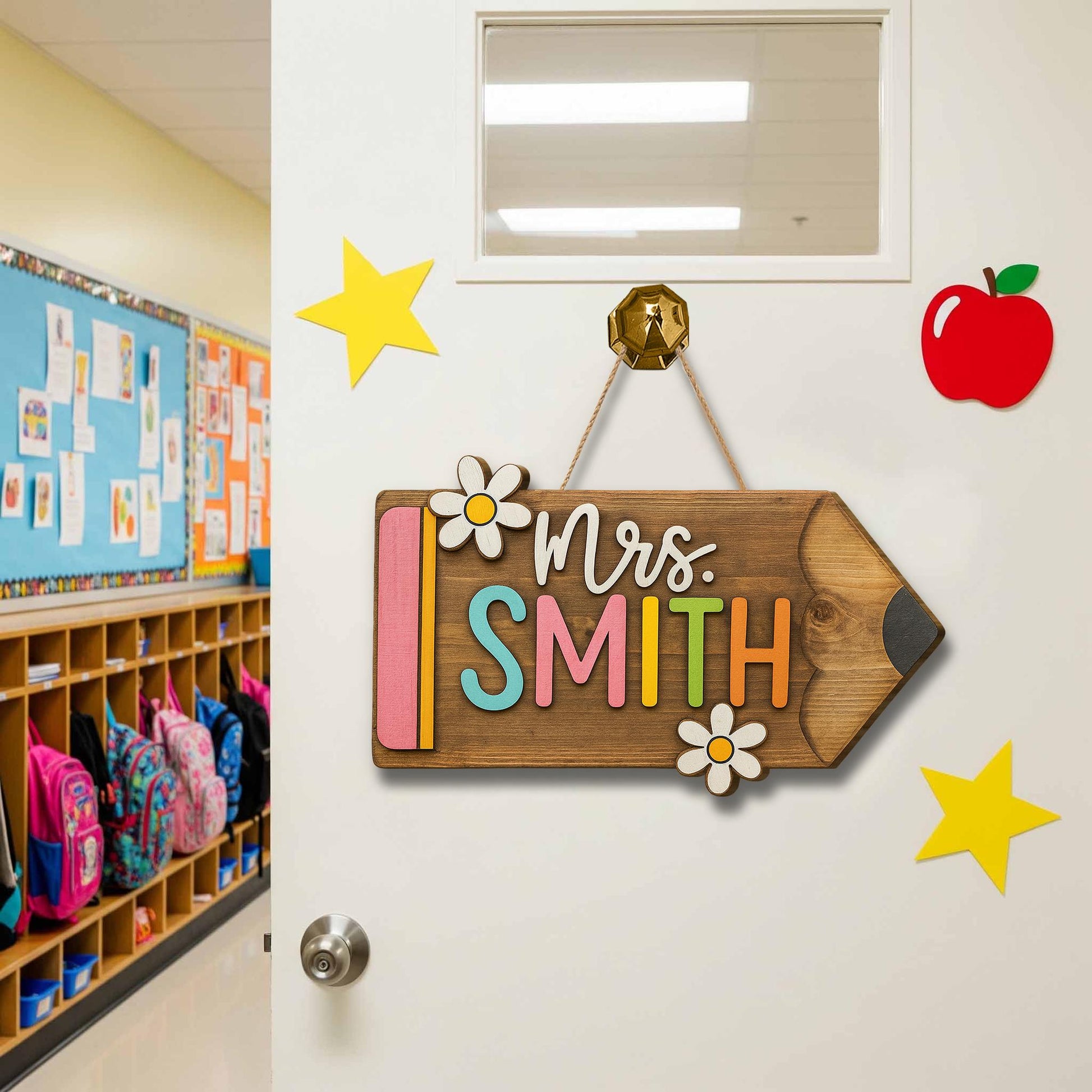 Personalized Teacher Door Sign - Wooden Pencil Name Sign with Flowers, Custom Classroom Decor for School or Office, Back To School Decor