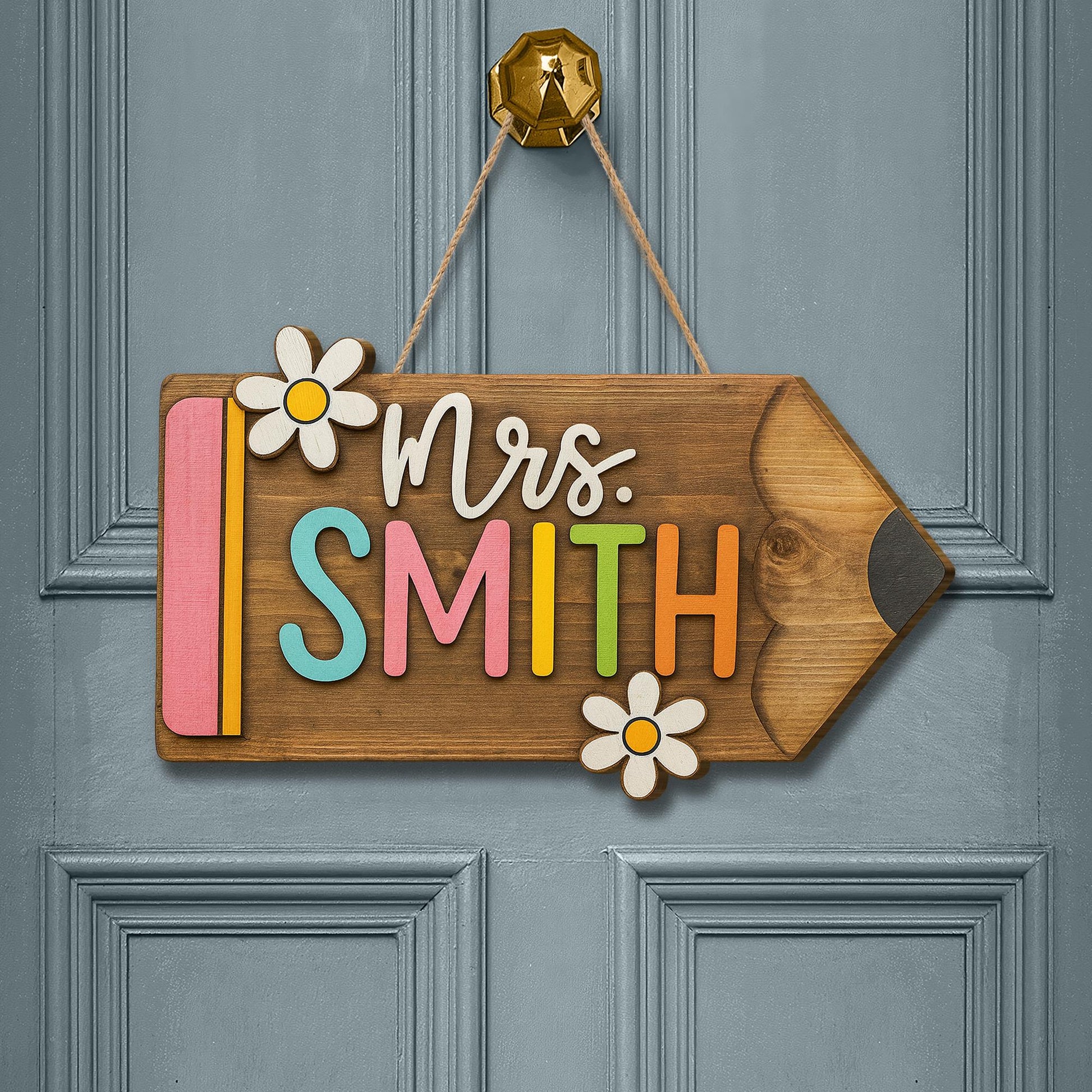 Personalized Teacher Door Sign - Wooden Pencil Name Sign with Flowers, Custom Classroom Decor for School or Office, Back To School Decor