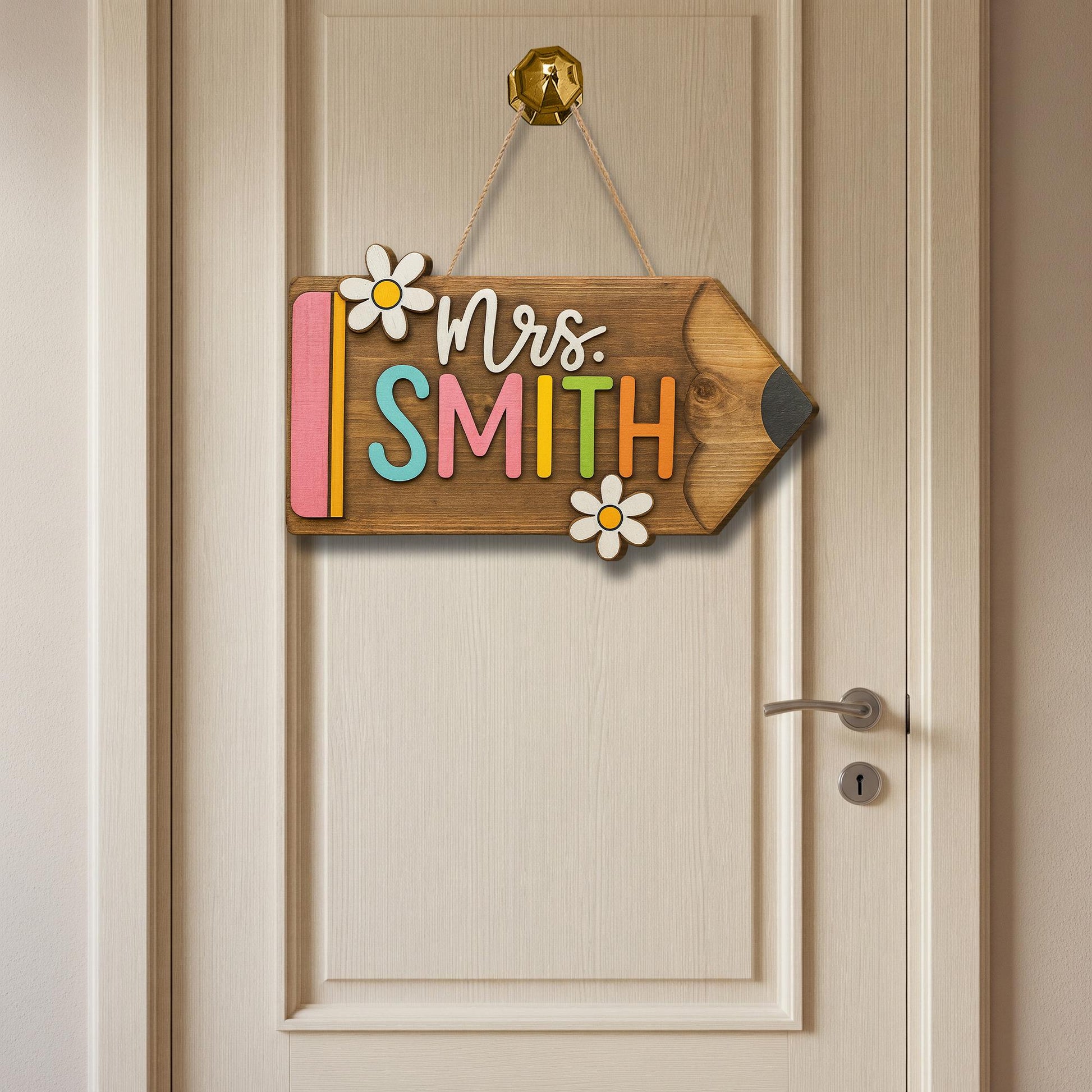 Personalized Teacher Door Sign - Wooden Pencil Name Sign with Flowers, Custom Classroom Decor for School or Office, Back To School Decor