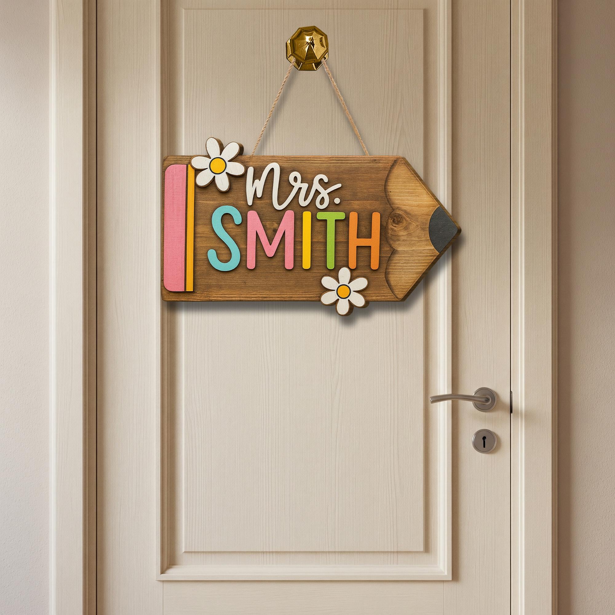 Personalized Teacher Door Sign - Wooden Pencil Name Sign with Flowers, Custom Classroom Decor for School or Office, Back To School Decor