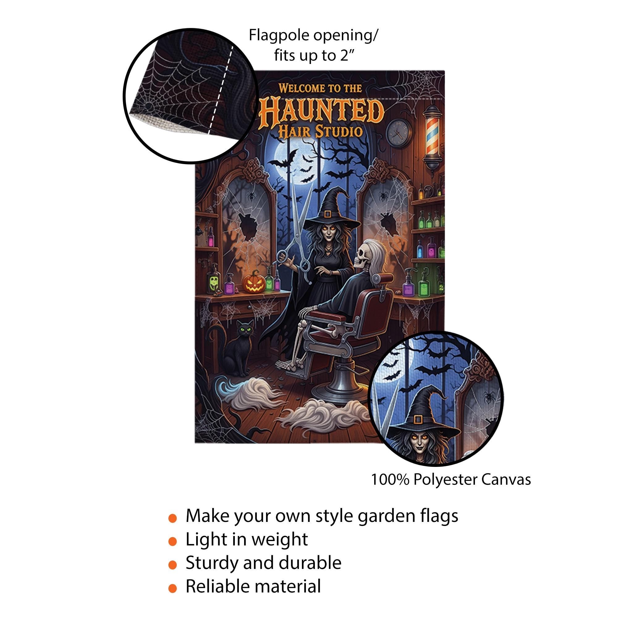 Haunted Hair Studio Garden Flag, Funny Halloween Witch Skeleton Barber Shop Yard Decor, Spooky Salon Outdoor Sign, Fall Lawn Decoration