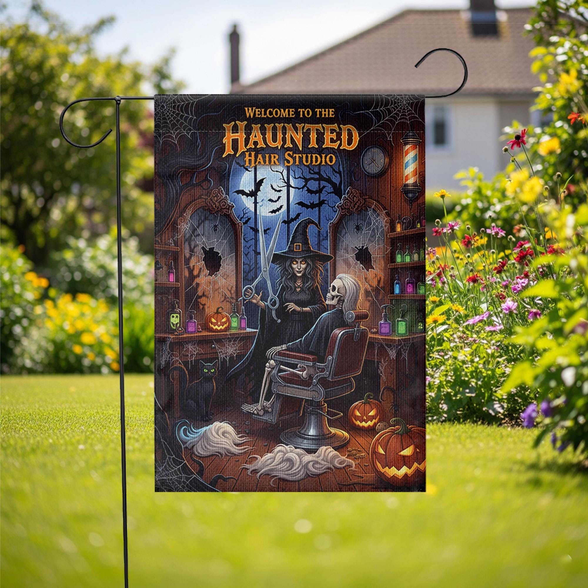 Haunted Hair Studio Garden Flag, Funny Halloween Witch Skeleton Barber Shop Yard Decor, Spooky Salon Outdoor Sign, Fall Lawn Decoration