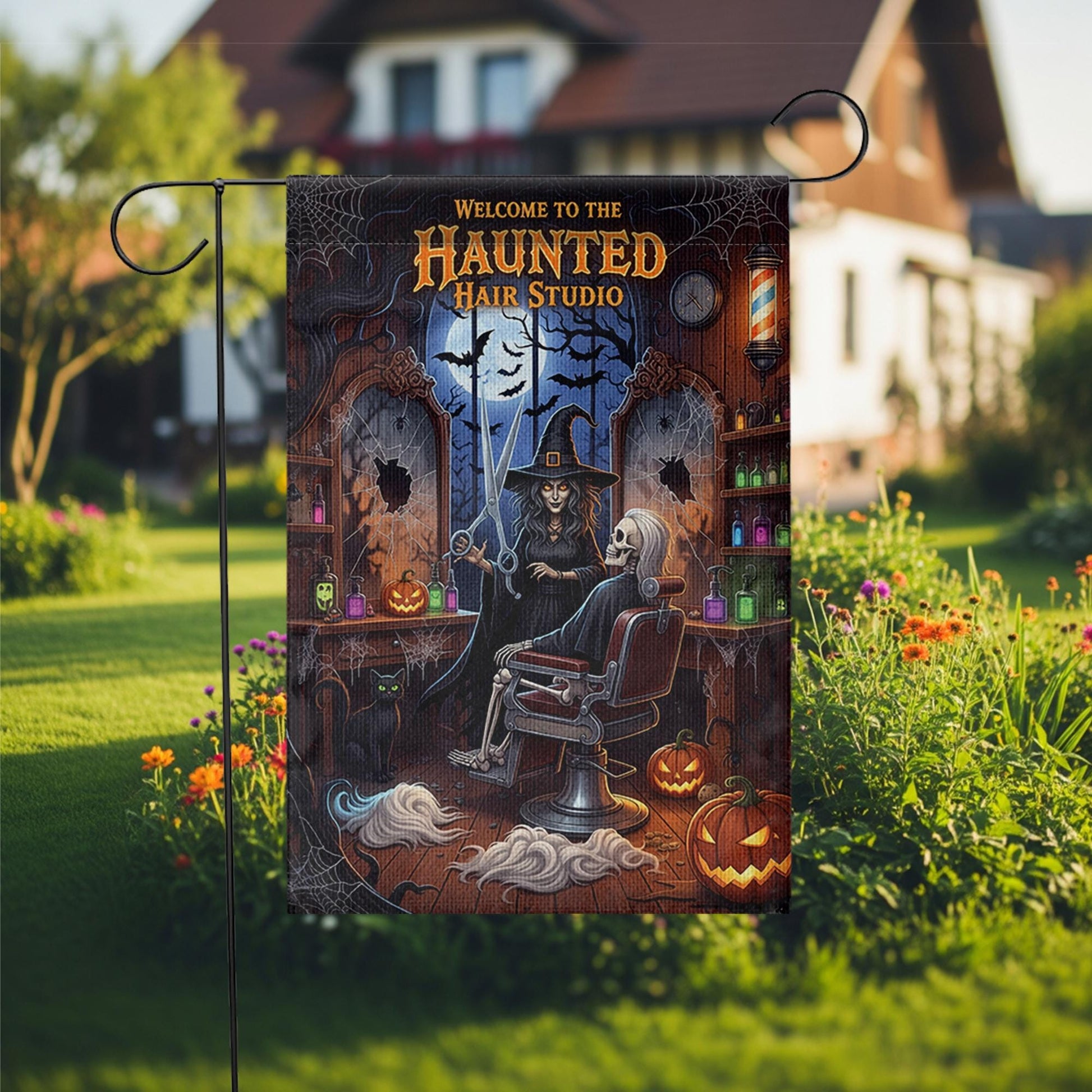 Haunted Hair Studio Garden Flag, Funny Halloween Witch Skeleton Barber Shop Yard Decor, Spooky Salon Outdoor Sign, Fall Lawn Decoration