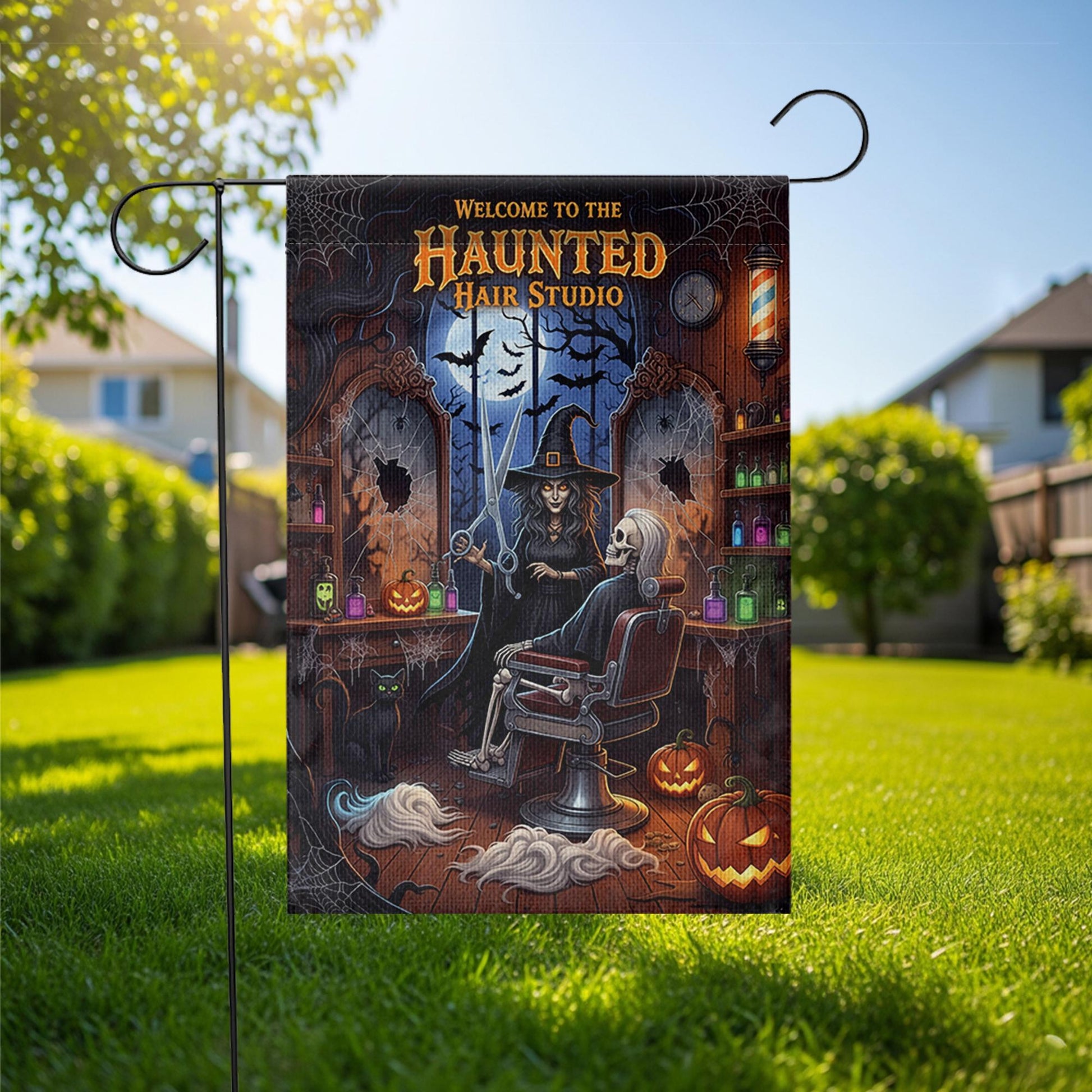 Haunted Hair Studio Garden Flag, Funny Halloween Witch Skeleton Barber Shop Yard Decor, Spooky Salon Outdoor Sign, Fall Lawn Decoration